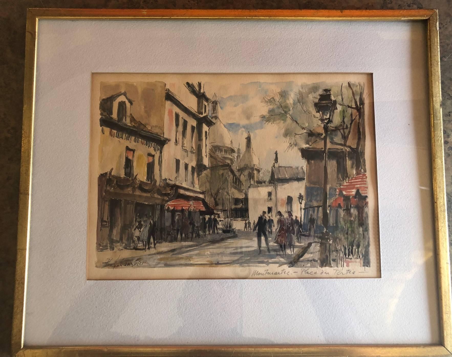 Mid-Century Modern Paris Street Scene Watercolor by Pierre Eugene Cambier