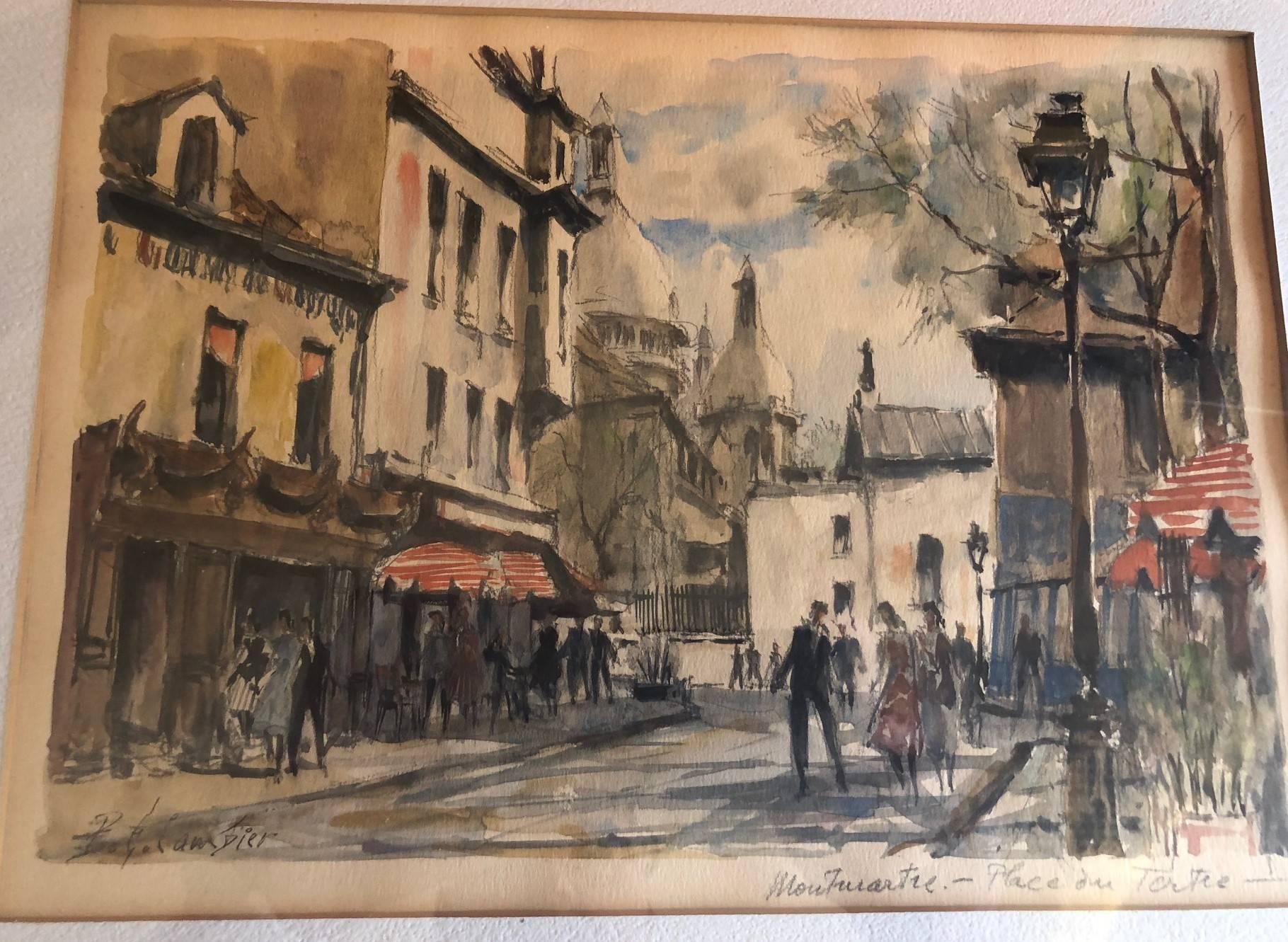 Paris Street Scene Watercolor by Pierre Eugene Cambier In Good Condition In San Diego, CA