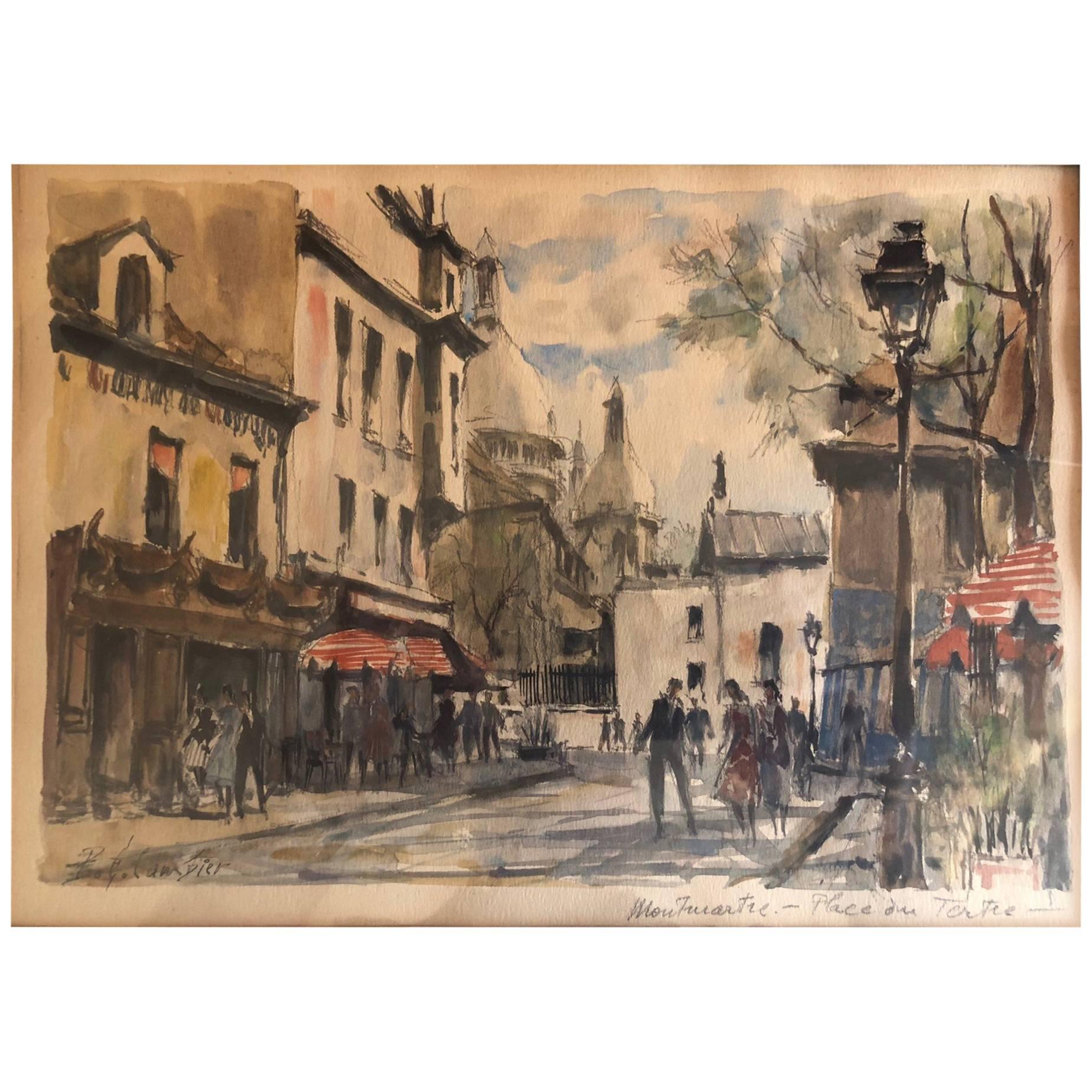 Paris Street Scene Watercolor by Pierre Eugene Cambier