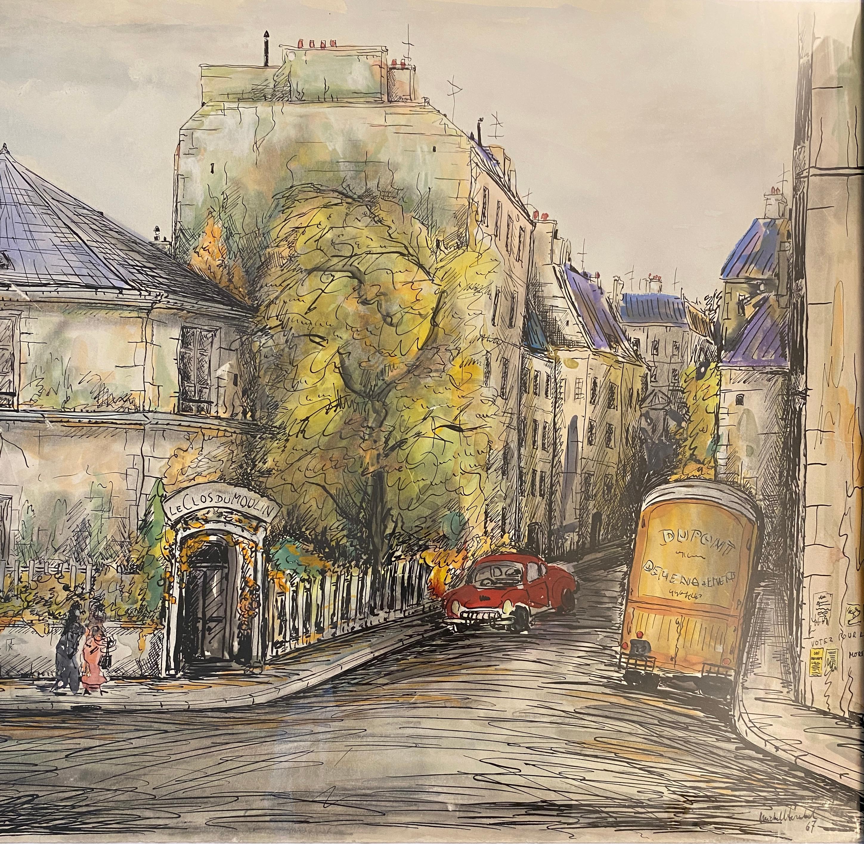 Paris street scene drawing depicting signed and dated 1967.

Beautiful depiction of a view of the street scenes of Paris, France. Vibrant decorative artwork defined by short and rapid strokes. The use of encre du Chine is apparent when removed from