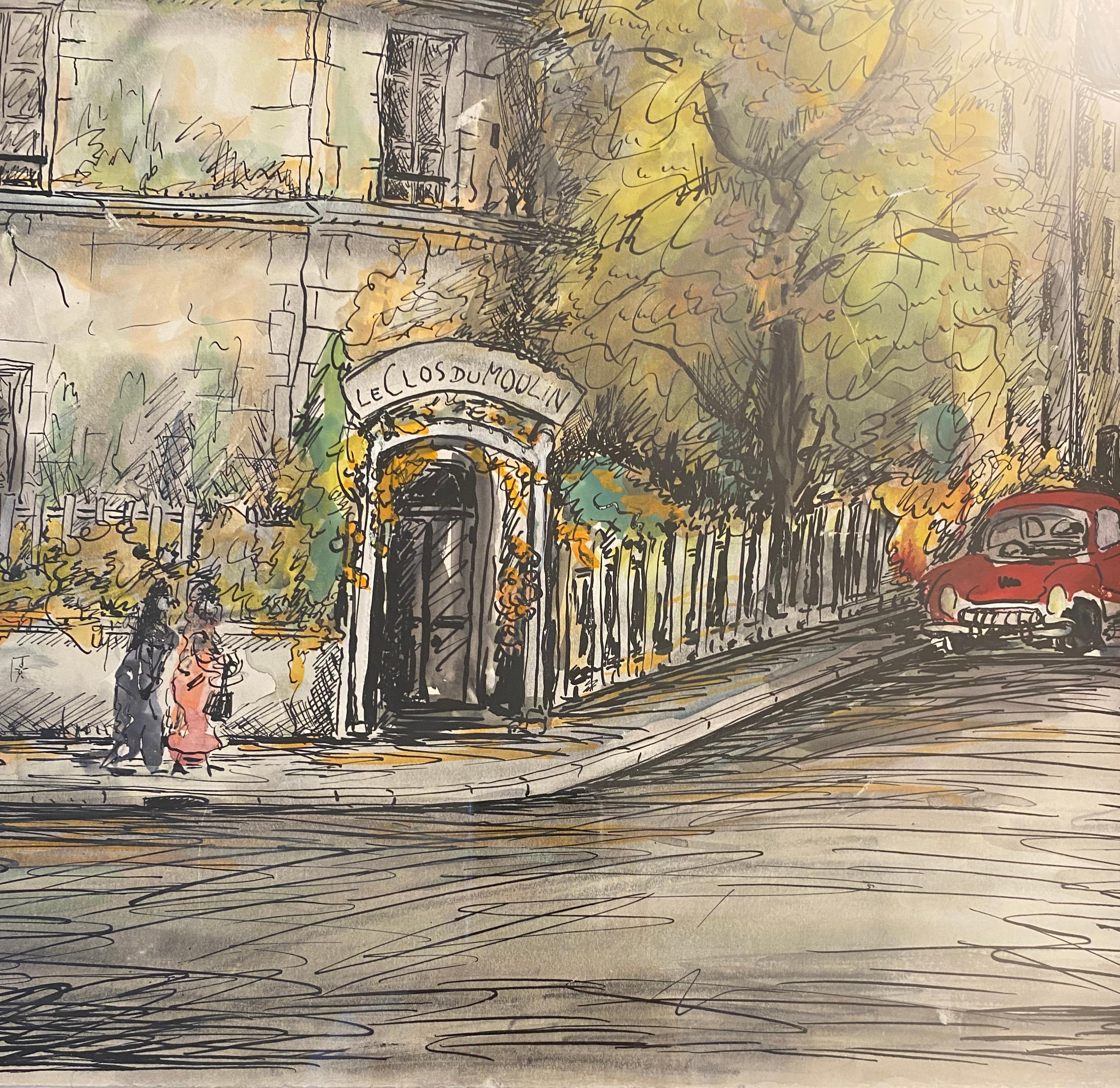 Mid-Century Modern Paris Street Scene Drawing, Le Clos Du Moulin Paris Drawing & Colored Ink For Sale