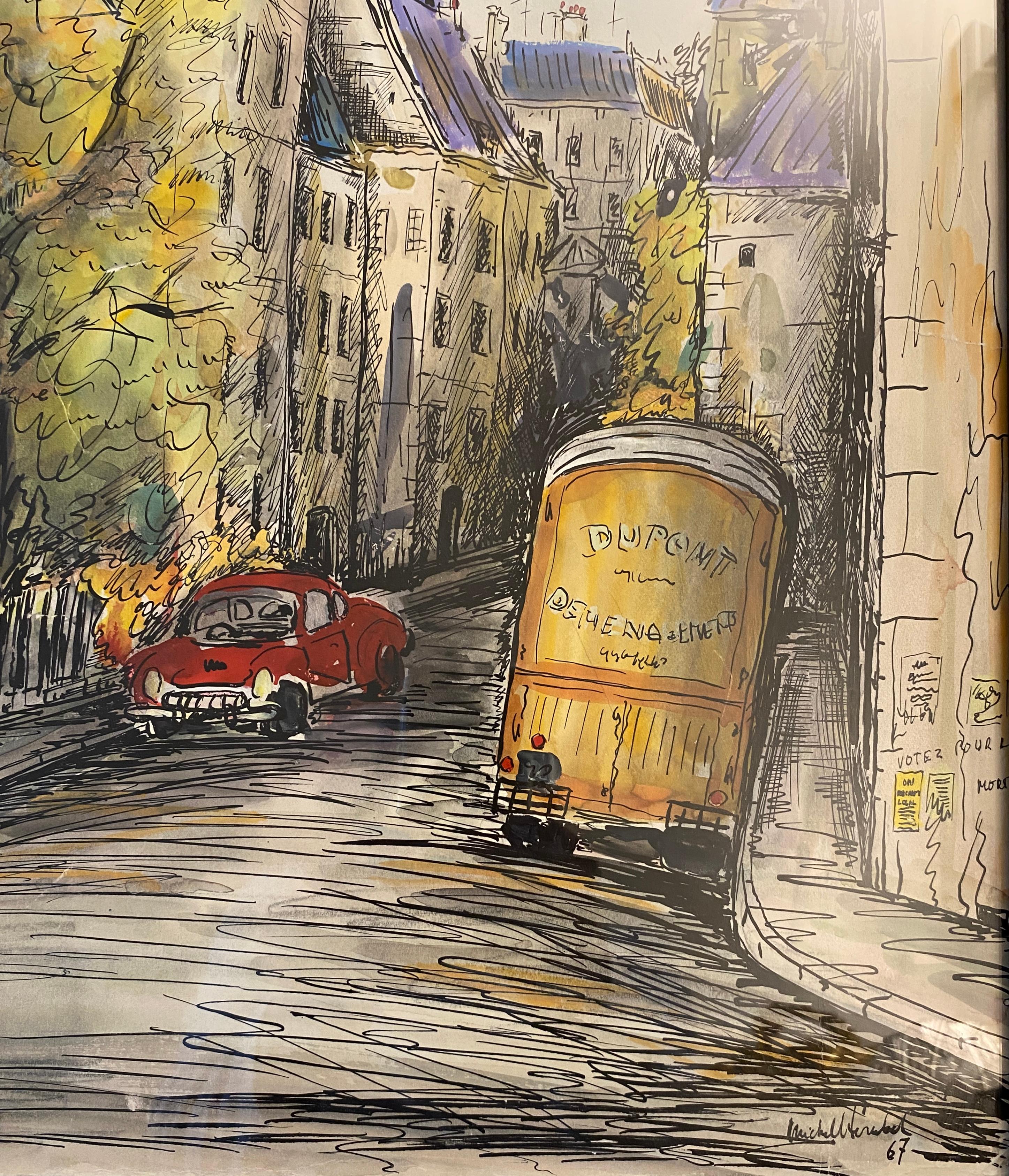 French Paris Street Scene Drawing, Le Clos Du Moulin Paris Drawing & Colored Ink For Sale