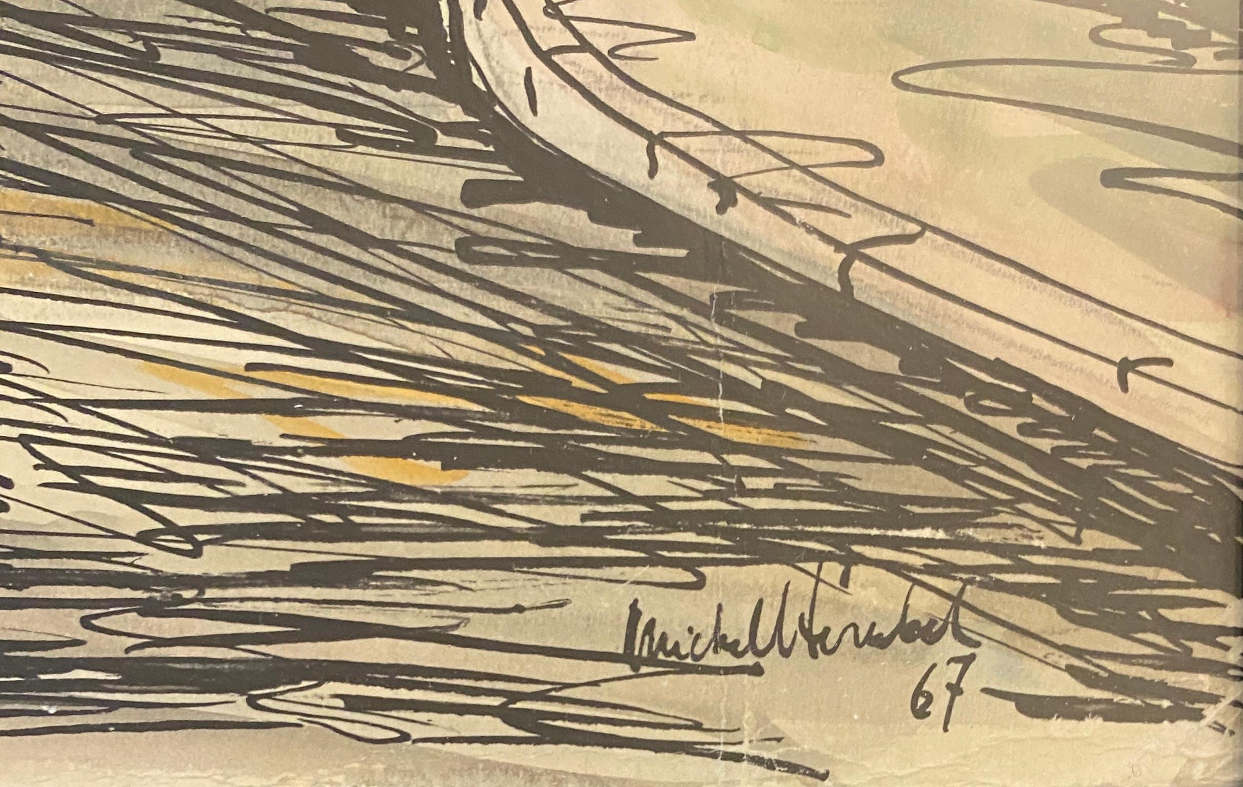 Paris Street Scene Drawing, Le Clos Du Moulin Paris Drawing & Colored Ink In Good Condition For Sale In Miami, FL