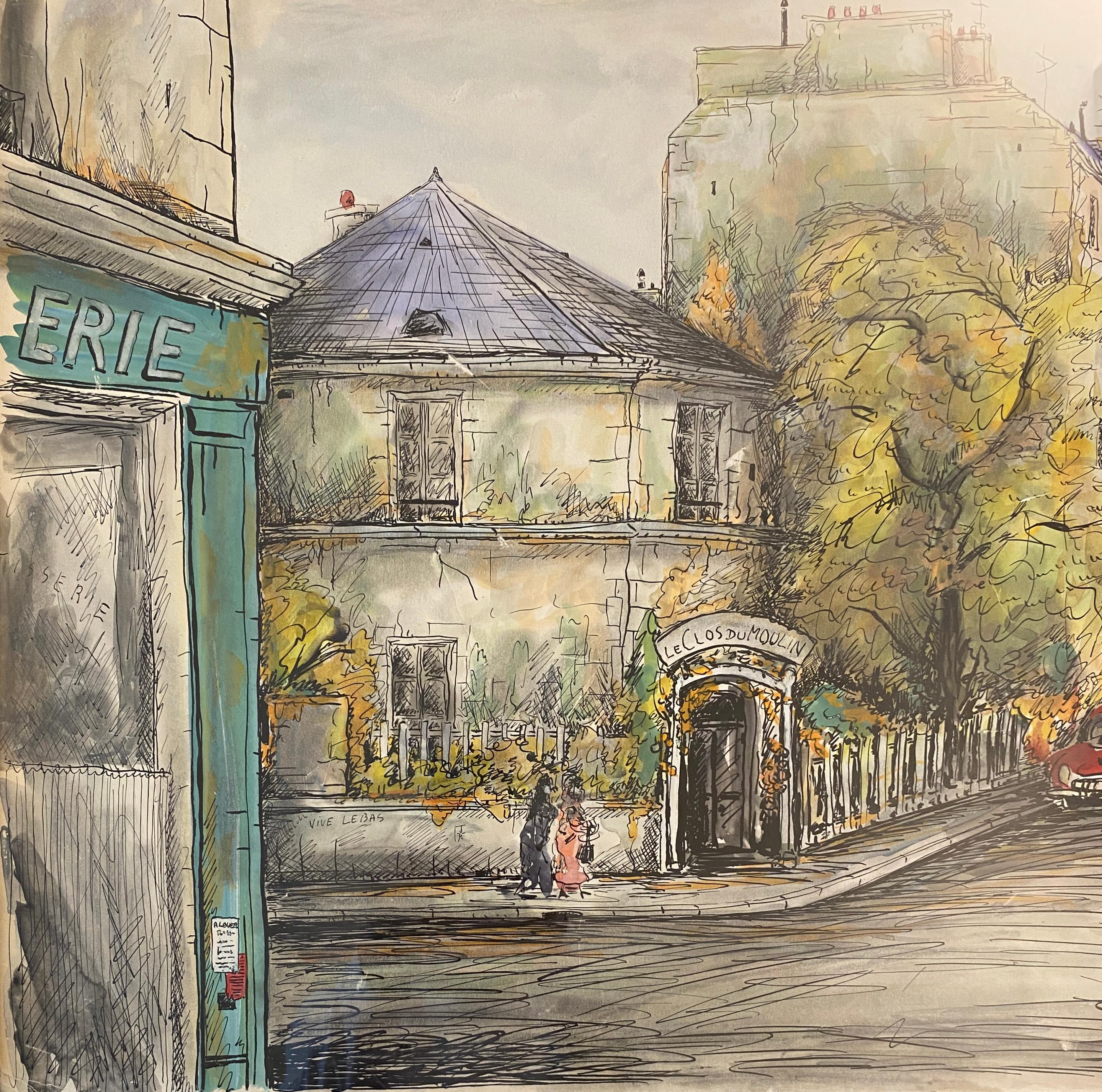 20th Century Paris Street Scene Drawing, Le Clos Du Moulin Paris Drawing & Colored Ink For Sale