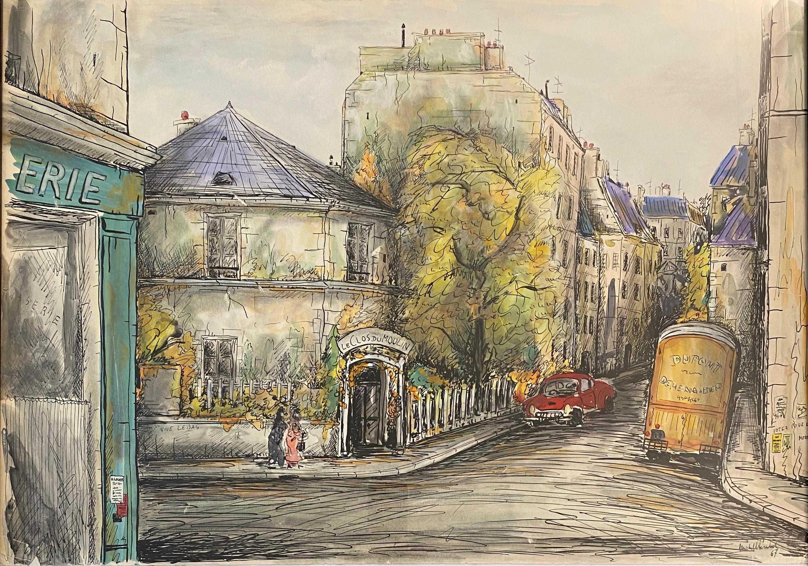 Paper Paris Street Scene Drawing, Le Clos Du Moulin Paris Drawing & Colored Ink For Sale