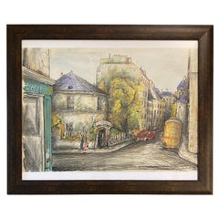 Pariser Straßenszene Zeichnung, Le Clos Du Moulin Paris Zeichnung und farbige Tinte