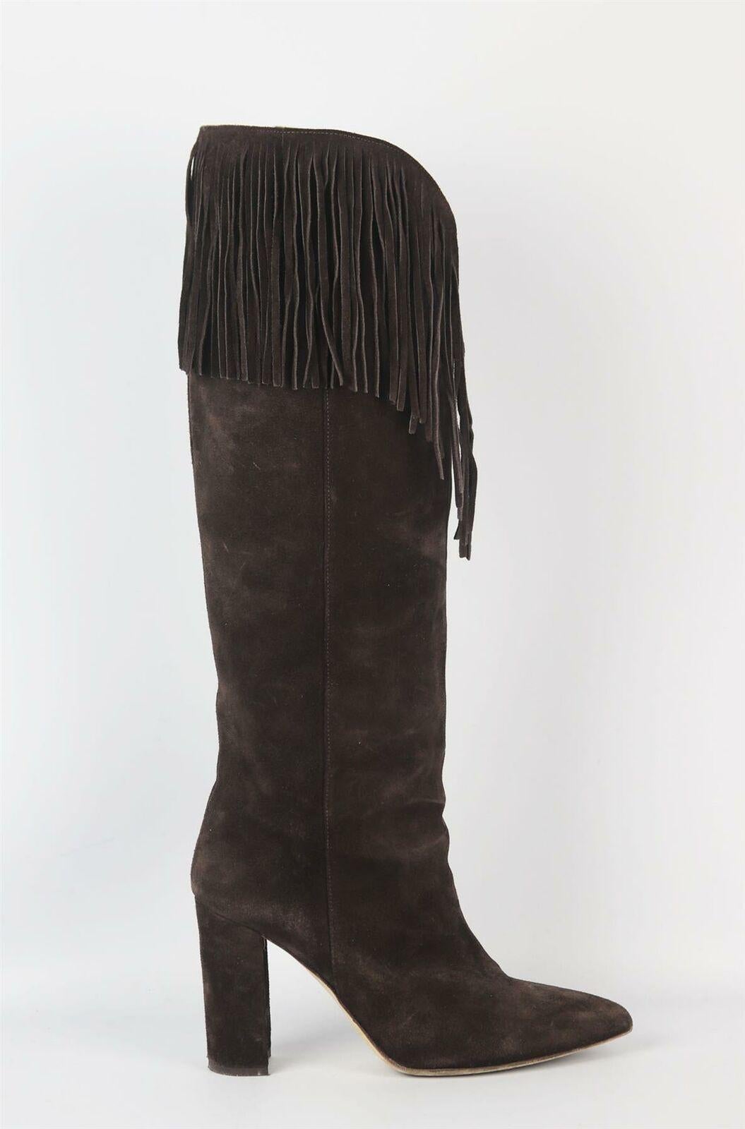 Paris Texas's boots are cut from the label's exceptionally supple suede, designed to hit just under the knee, this classic brown pair has fringing detail along the edges and a slight v dip to elongate your legs.
Heel measures approximately 100mm/ 4