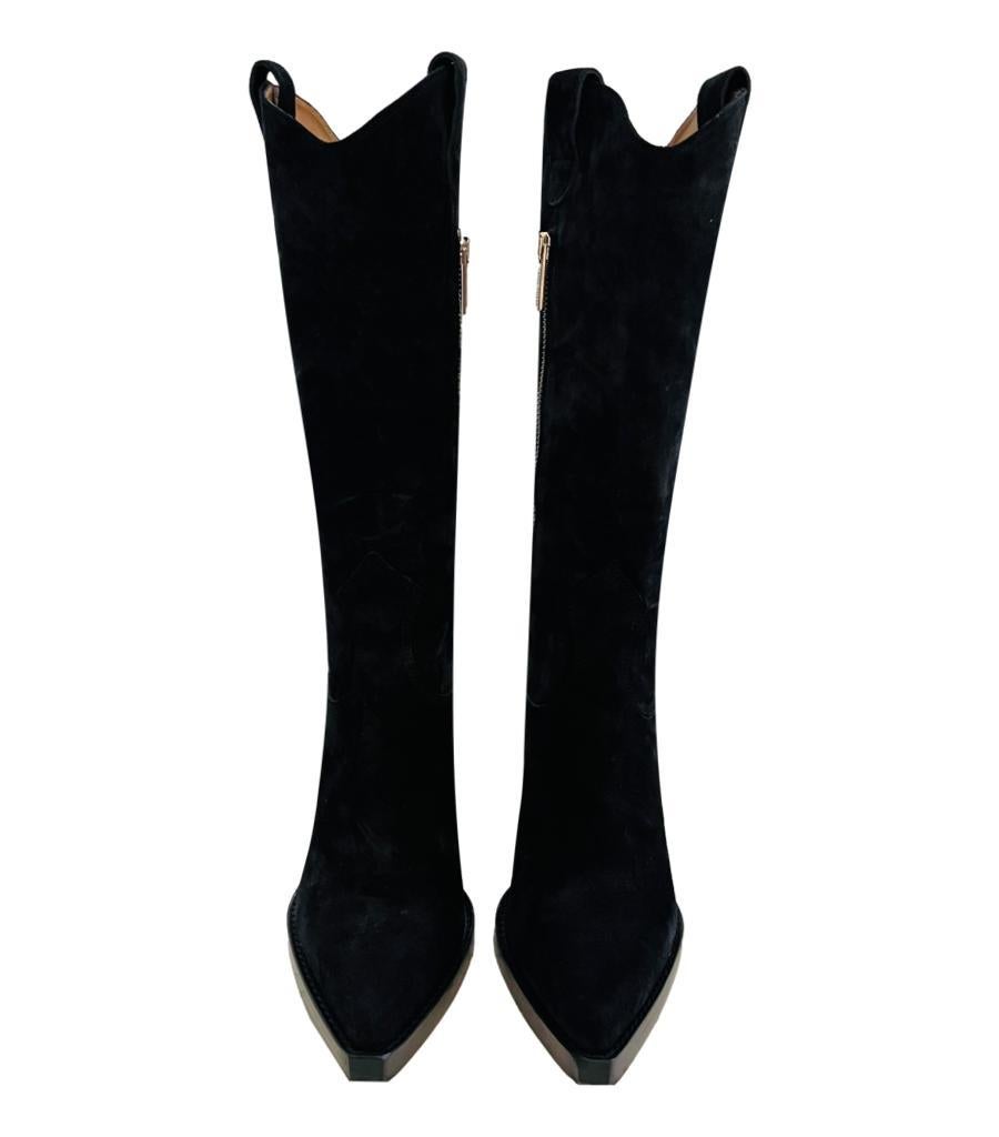 Paris Texas Suede Knee-High Boots

Black western-inspired boots designed with a pointed toe and zip closure to the side.

Featuring block heel and leather lining and soles.

Size – 35

Condition – Very Good

Composition – Suede

Comes with – Box