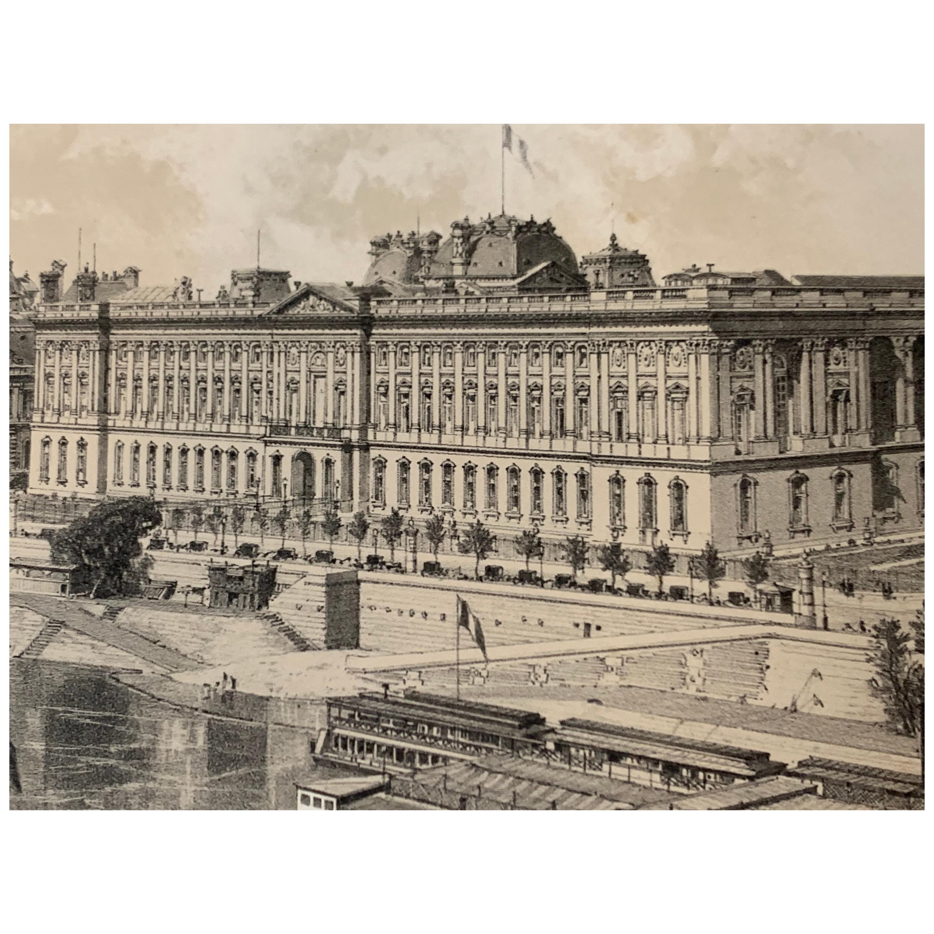 Parigi Il Louvre 1867 Stampa litografica antica Carta Ciceri Hoffbauer