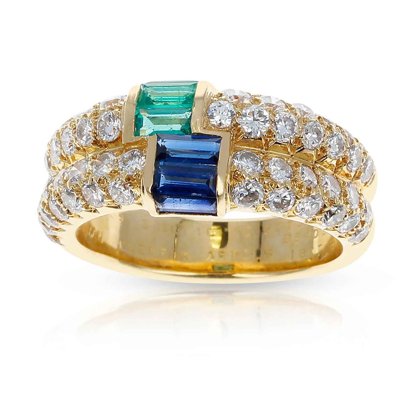 Baguette Cut Paris Van Cleef & Arpels Emerald and Sapphire Baguettes with Round Diamonds Ring