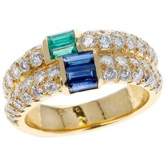 Paris Van Cleef & Arpels Emerald and Sapphire Baguettes with Round Diamonds Ring