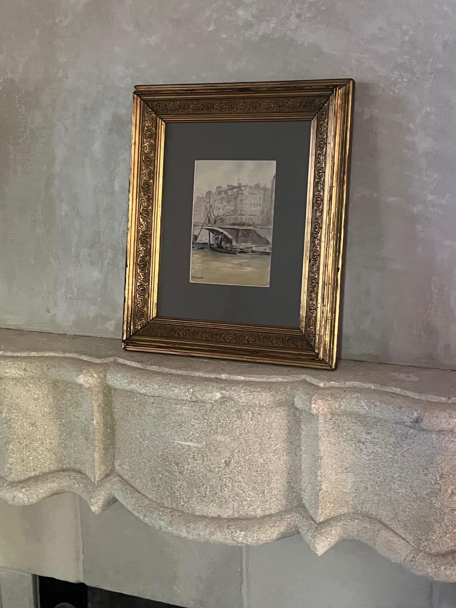 Aquarell einer Ansicht des Flusses Siene mit Blick auf die Brücke Pont-Louis Philippe in Paris. Mitte des Jahrhunderts gemalt und vom Künstler M. Grandjean signiert, gerahmt in einem holzgeschnitzten antiken Rahmen. Professionell mattiert und