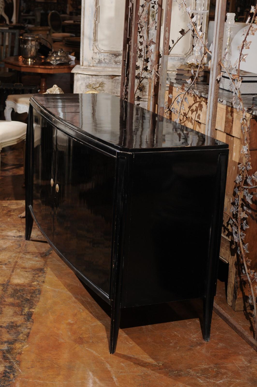 Parisian 1960s Black Lacquered Bow Front Two-Door Cabinet with Splaying Legs For Sale 1
