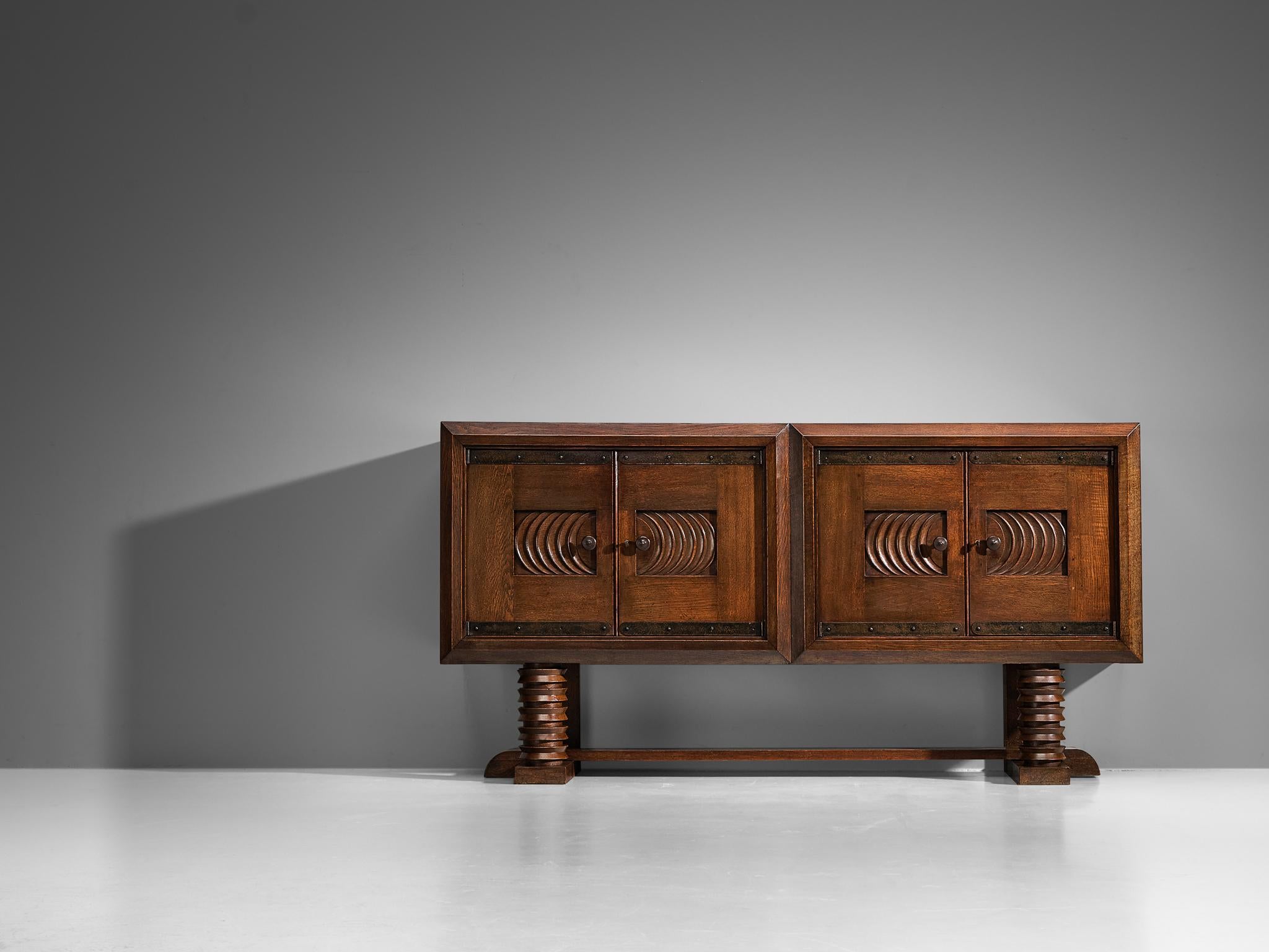 French  Parisian Art Deco Sideboard in Solid Oak with Iron Elements For Sale