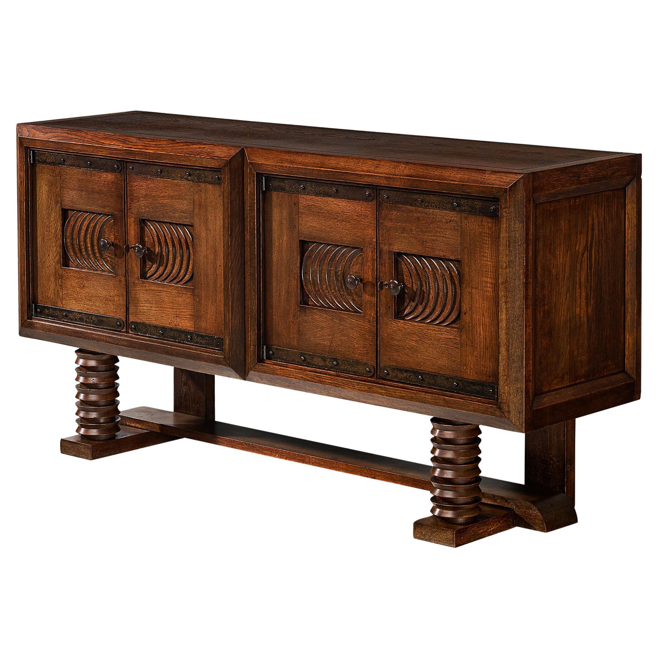  Parisian Art Deco Sideboard in Solid Oak with Iron Elements For Sale