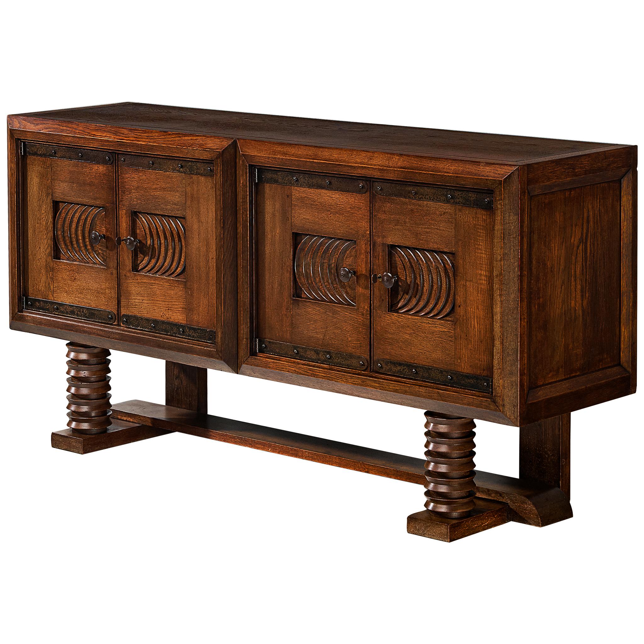 Parisian Art Deco Sideboard in Solid Oak with Iron Elements in vendita