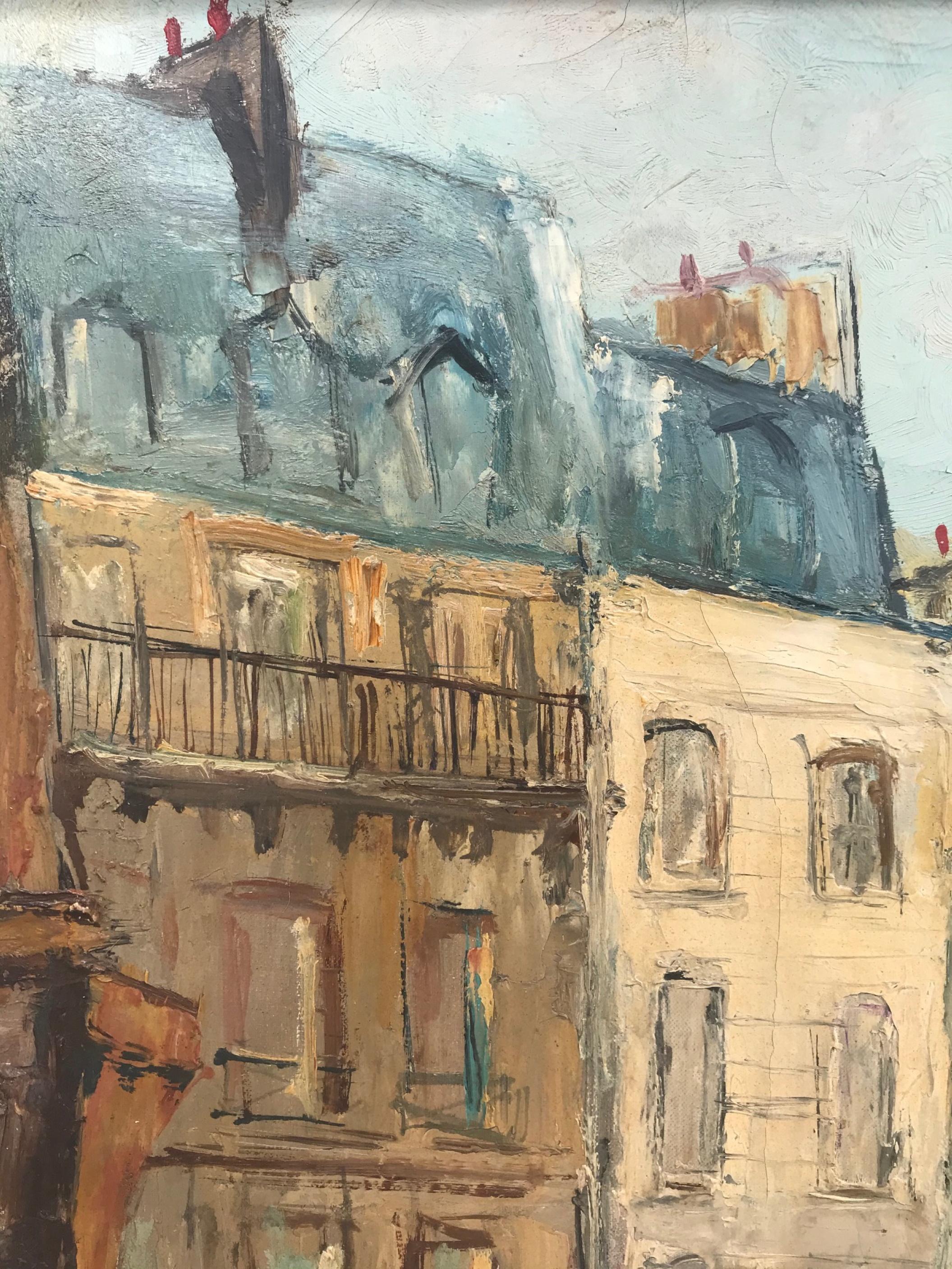Parisian cityscape, signed and framed oil on canvas by Serge Belloni, ‘57

This painting has all the quintessential features of Belloni’s renowned Parisian works. The street corner painted features the architecture of the Boucherie Chevaline,