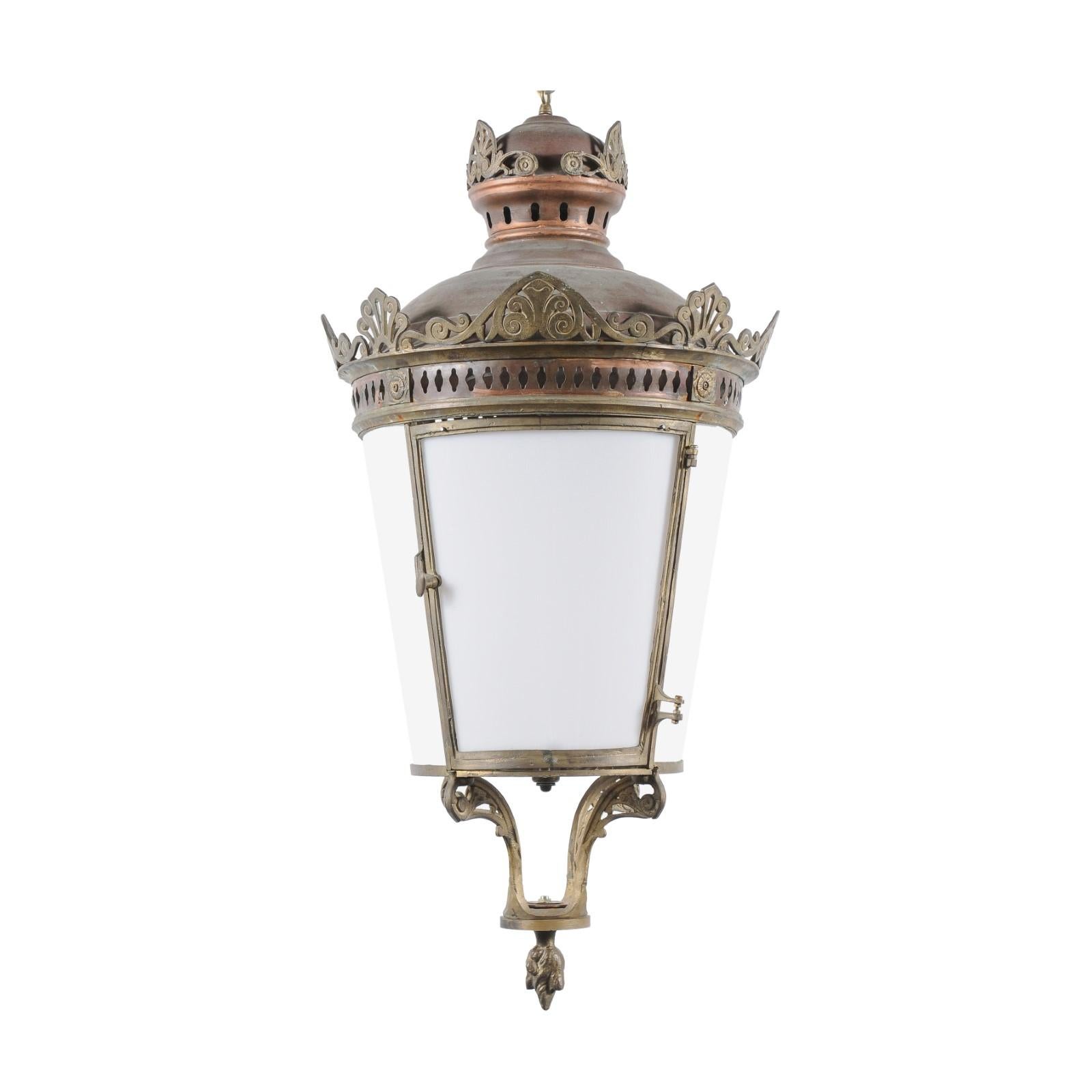 Parisian Copper & Bronze Four Light Large Lantern, Late 19th Century In Good Condition For Sale In Atlanta, GA