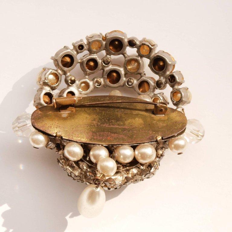 Women's Parisian Costume Brooch with Large Rhinestones and Nacre Pearls. For Sale