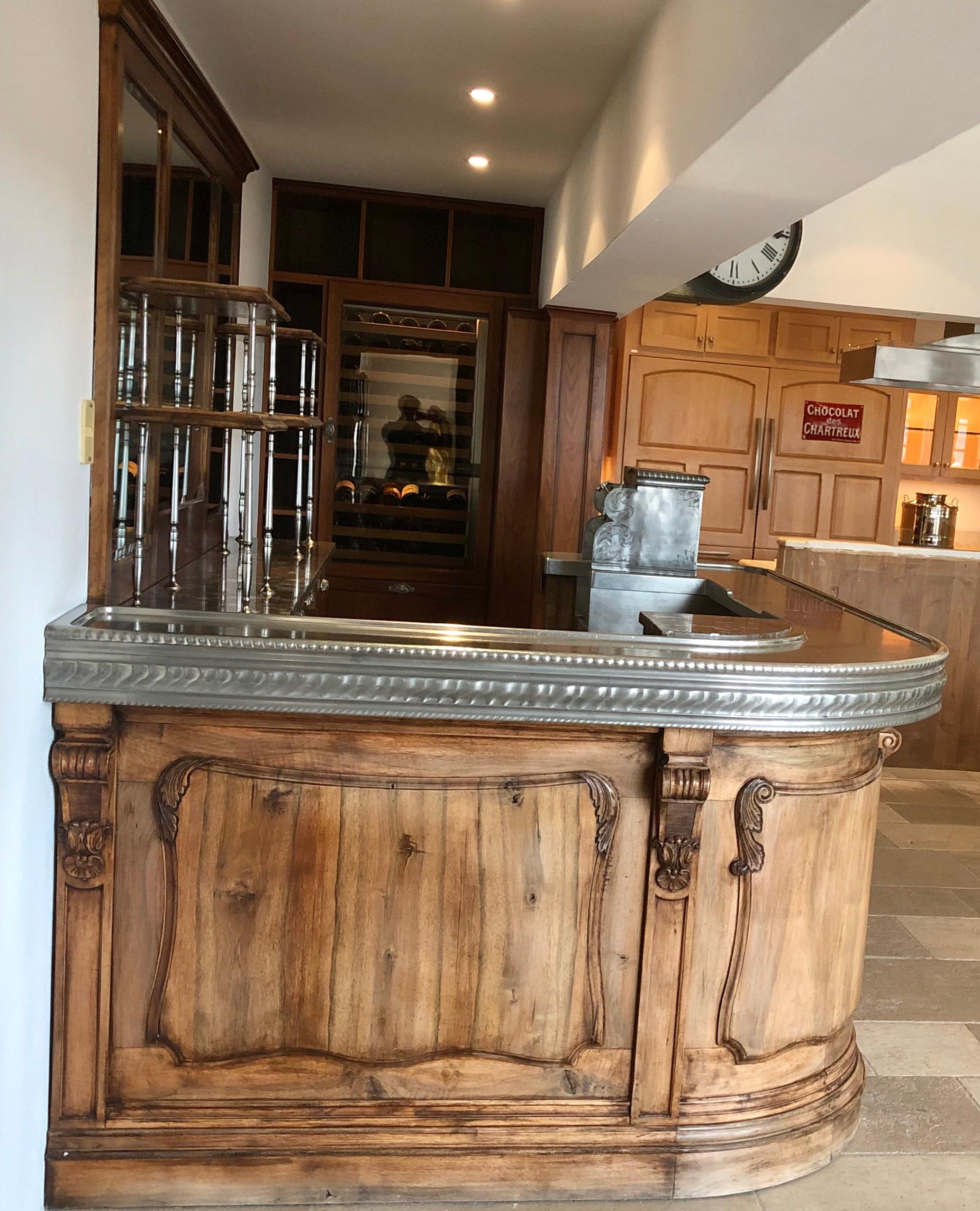 An authentic bar from Paris, France, circa 1940s.
The name of the bar was L. Wiemert and it was located on 54
Rodelar Folier Regnault & 45 bis Paris.
The pewter bar top is priceless. The back bar top is made of a marble. All the drawers are