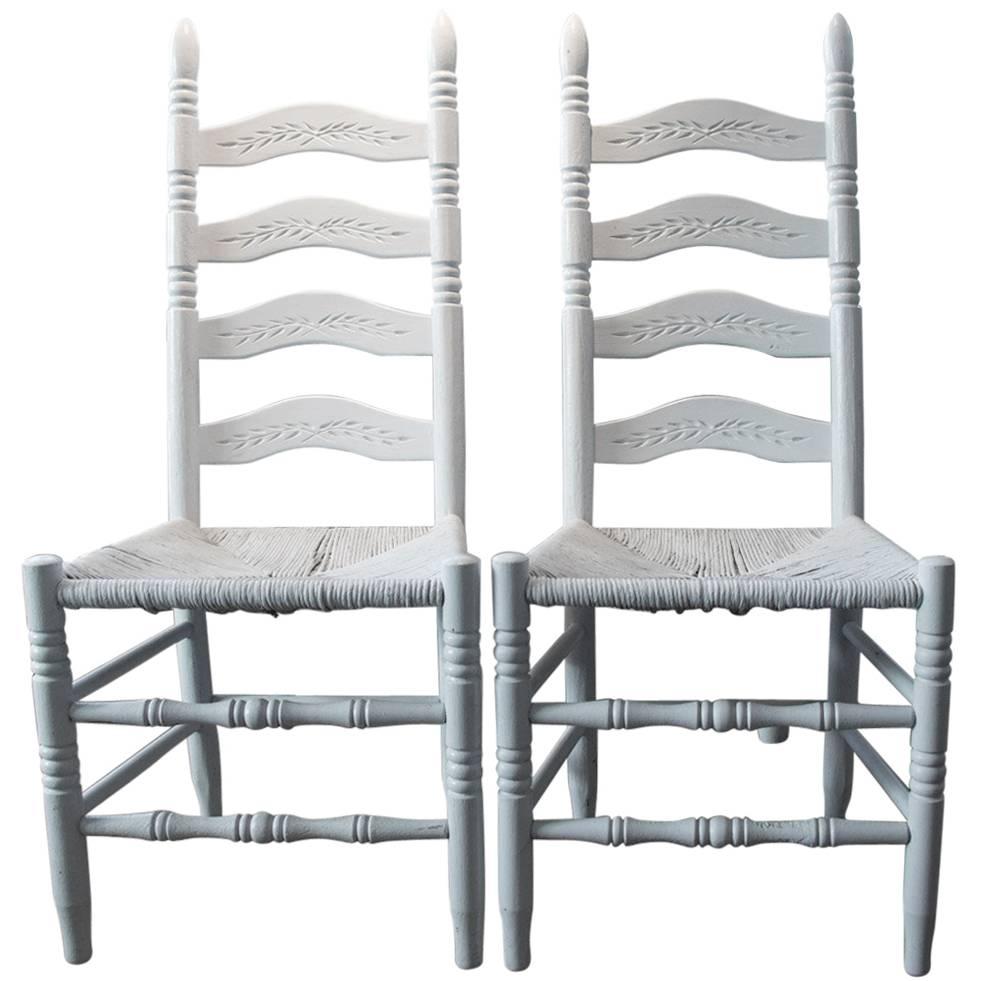 Parisian Gray Painted Rustic Farmhouse Dining Table and Two Rustic Farm Chairs