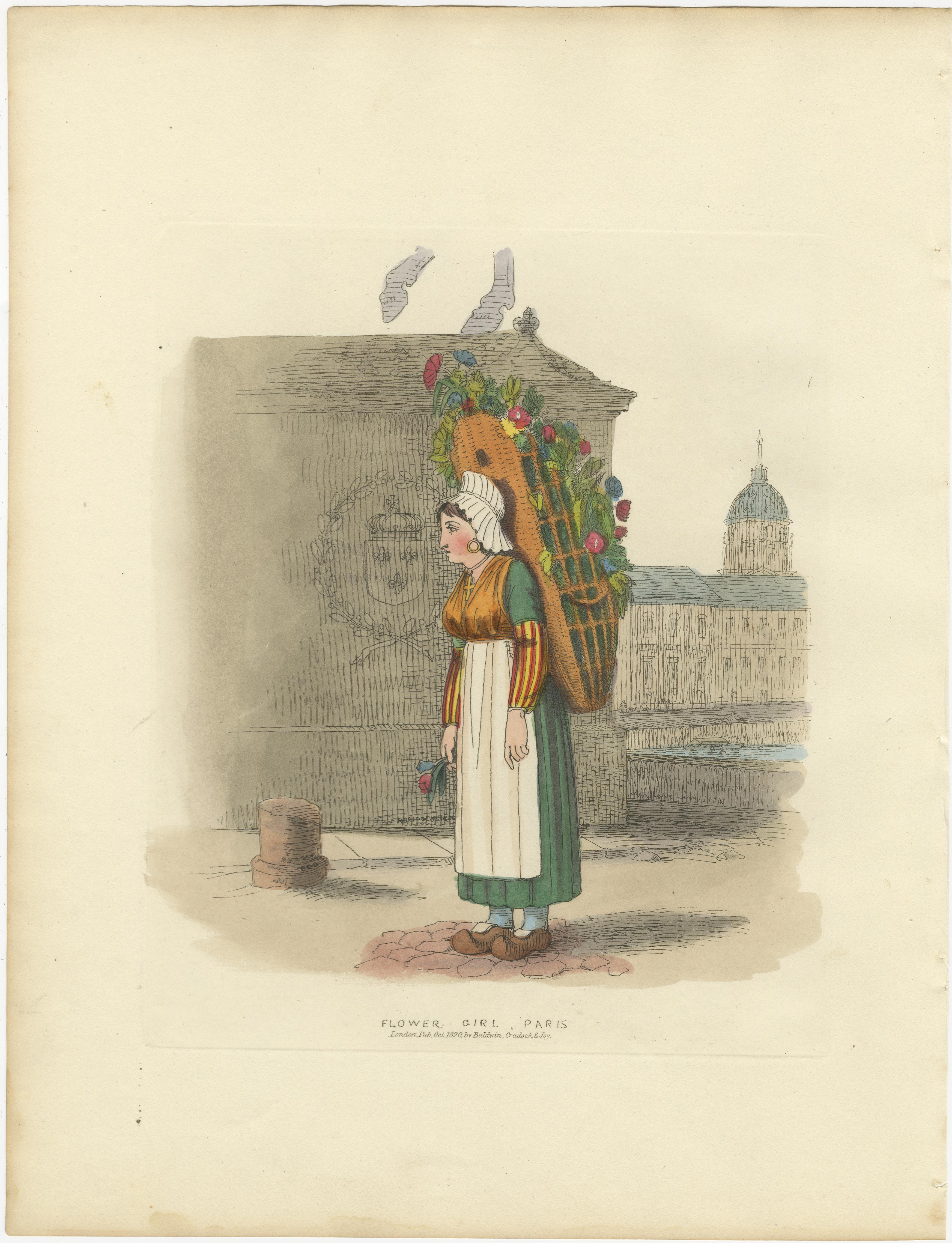 Parisian Life in 1835 – Flower Girl and Lemonade Seller, Fine Coloured Prints Bon état - En vente à Langweer, NL