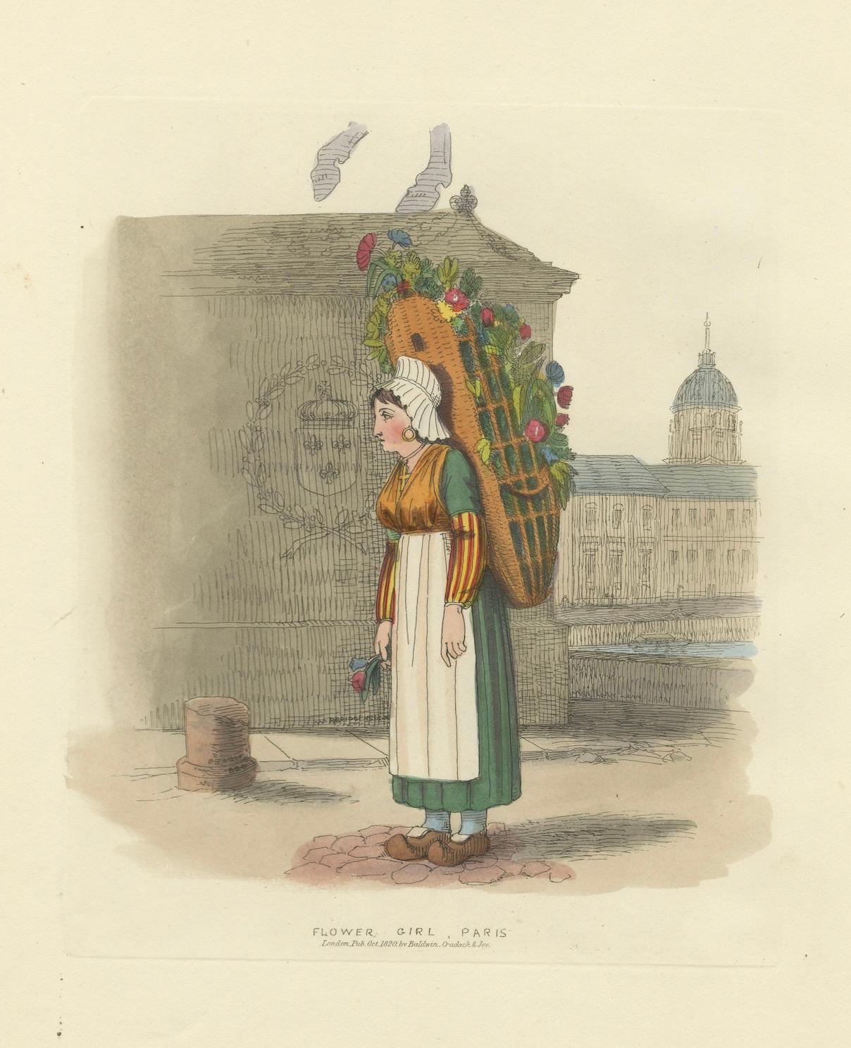 Papier Parisian Life in 1835 – Flower Girl and Lemonade Seller, Fine Coloured Prints en vente