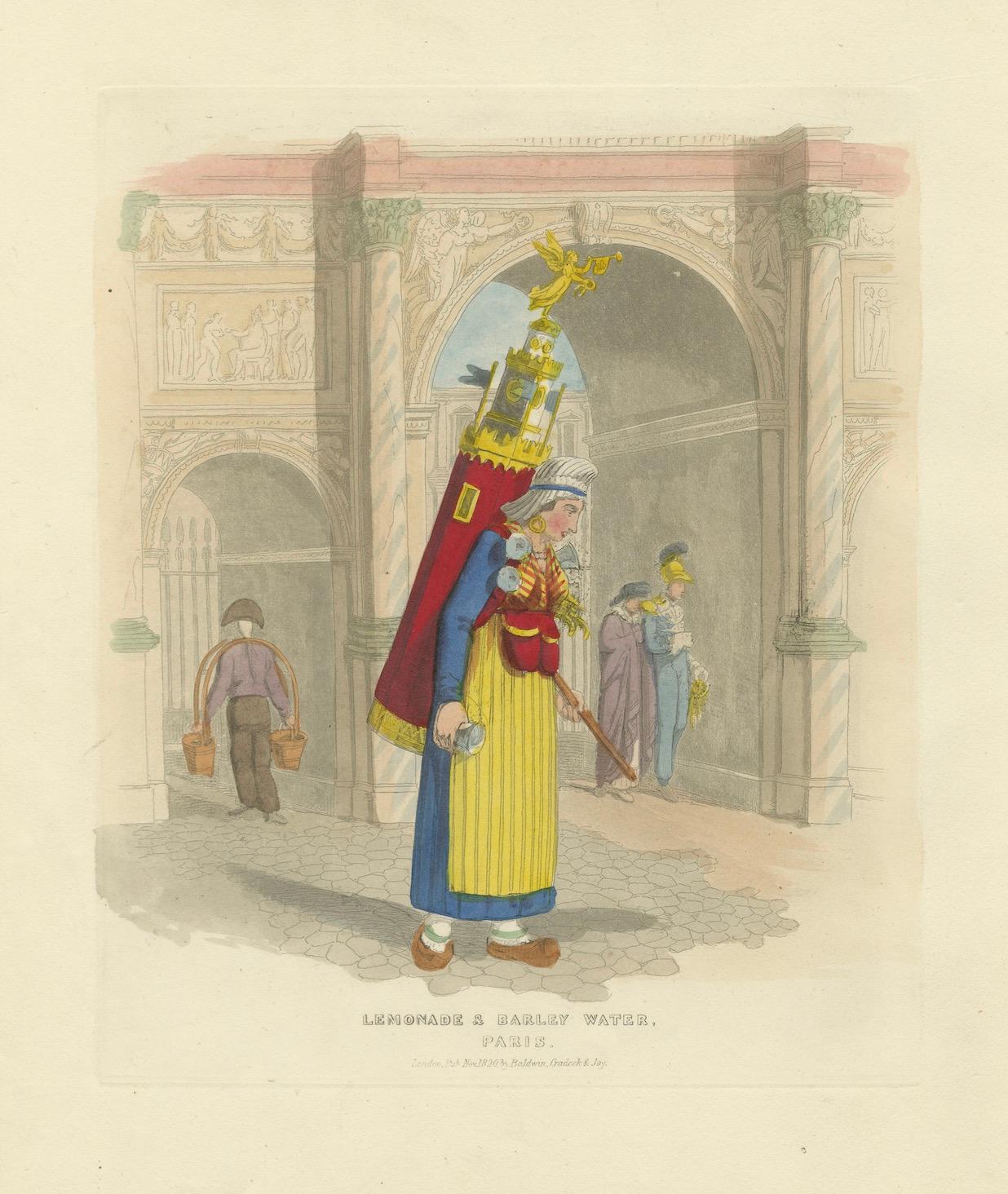 Parisian Life in 1835 – Flower Girl and Lemonade Seller, Fine Coloured Prints en vente 1
