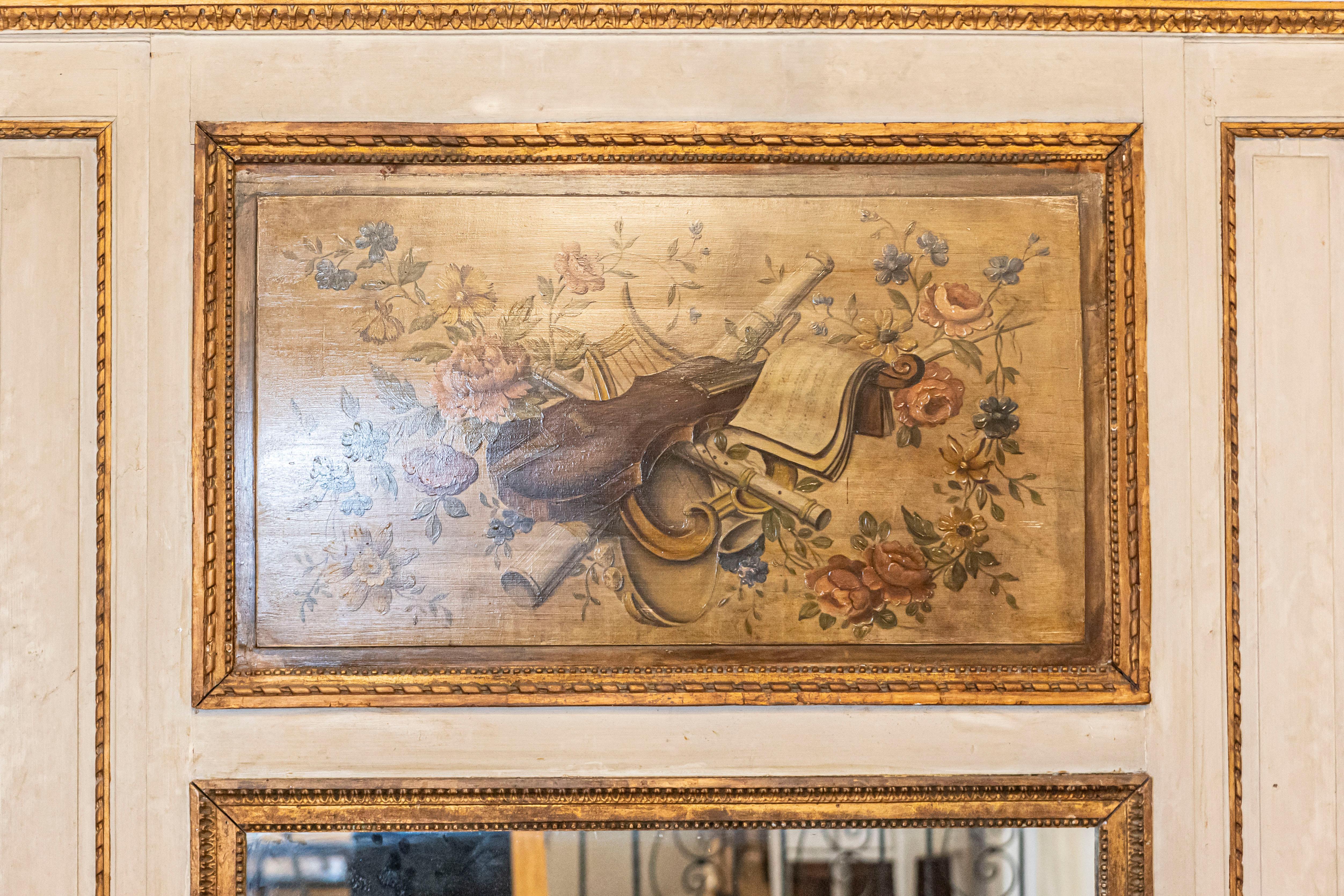 Pariser Louis XVI-Stil 1860er Trumeau Spiegel mit gemalten Musikinstrumenten (Louis XVI.) im Angebot