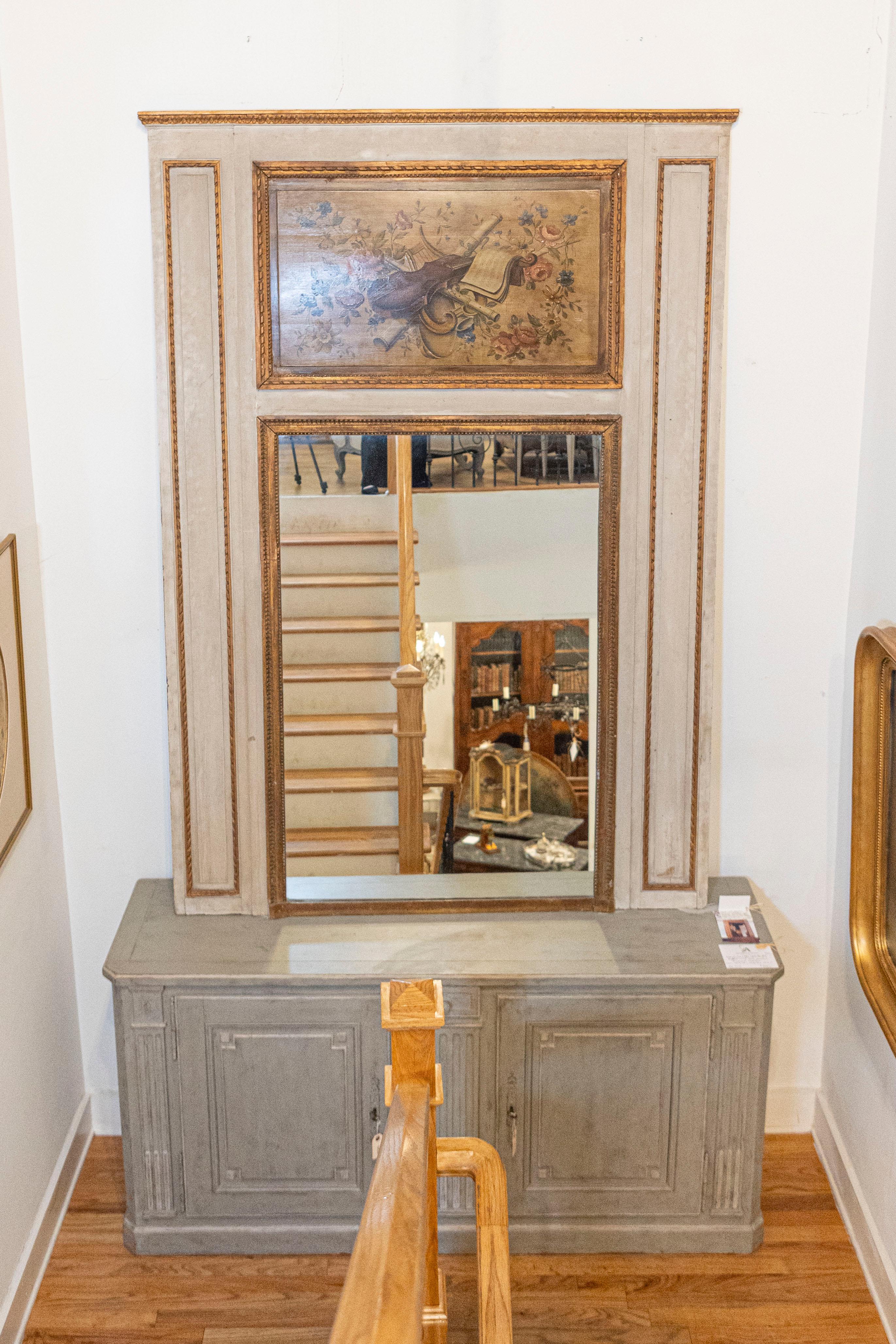 Pariser Louis XVI-Stil 1860er Trumeau Spiegel mit gemalten Musikinstrumenten (Französisch) im Angebot