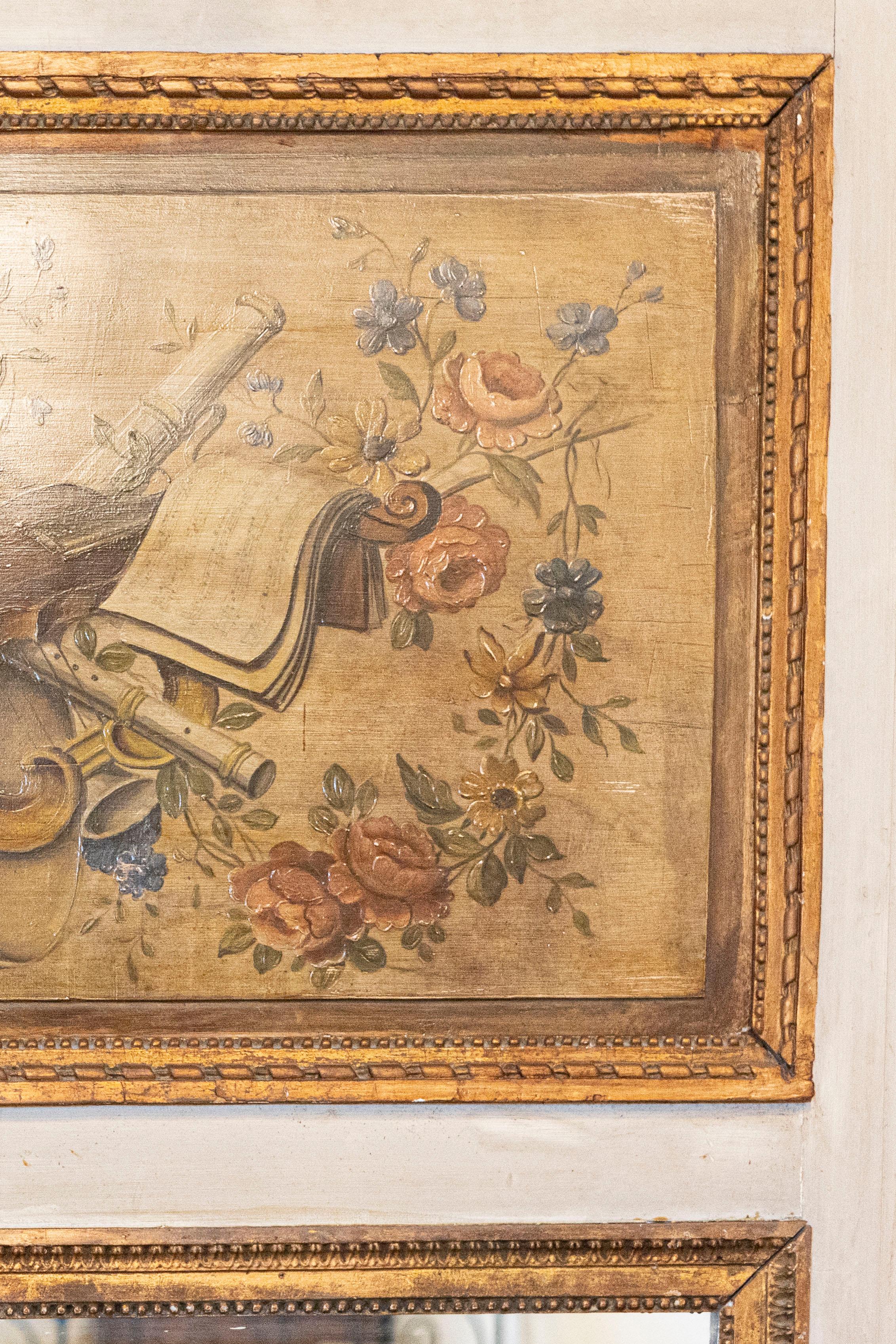Pariser Louis XVI-Stil 1860er Trumeau Spiegel mit gemalten Musikinstrumenten im Zustand „Gut“ im Angebot in Atlanta, GA