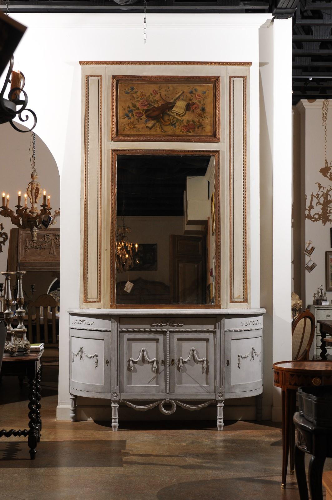 Parisian Louis XVI Style 1860s Trumeau Mirror with Painted Musical Instruments For Sale 4