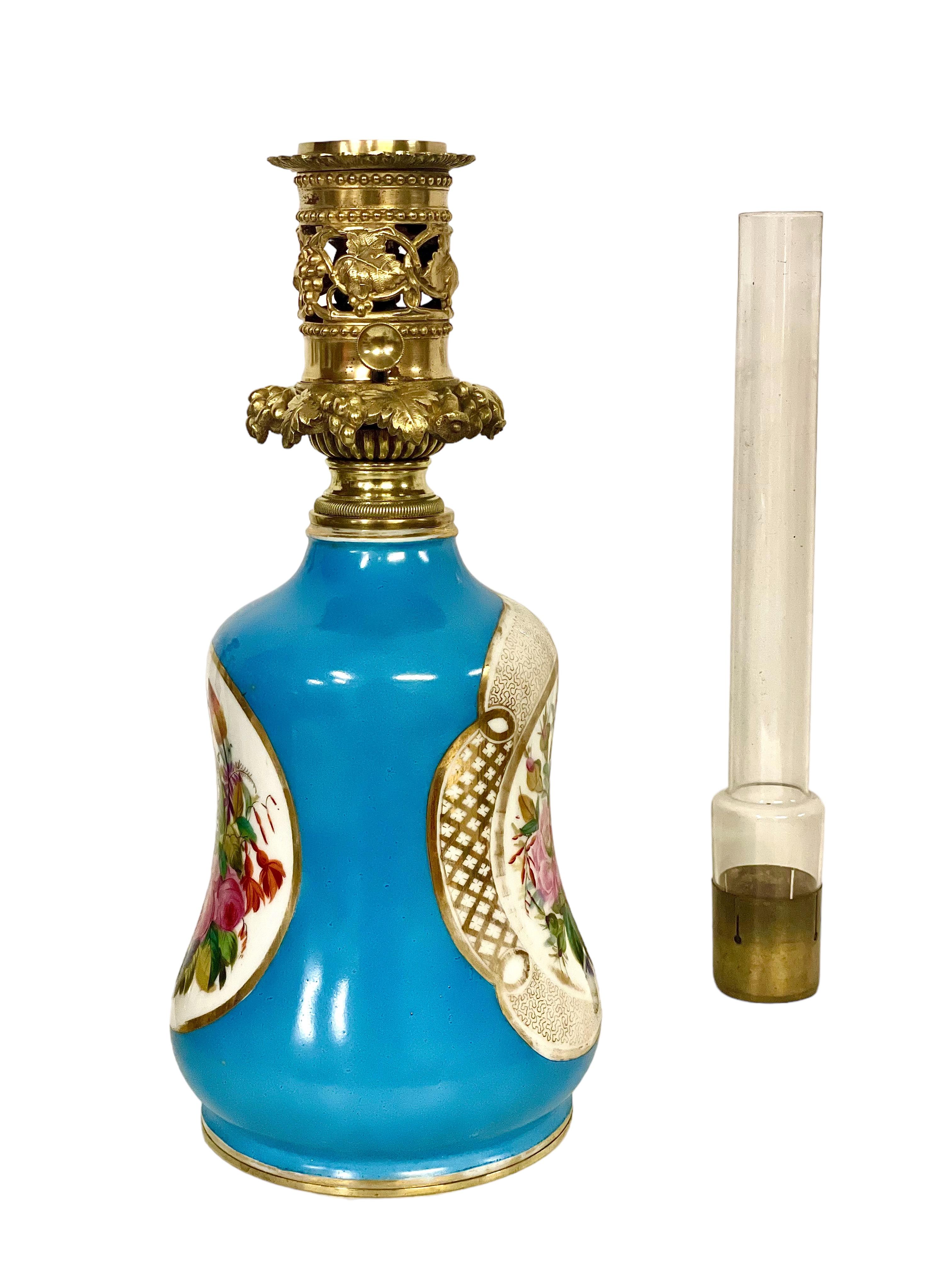 French Parisian Porcelain Oil Lamp with Glass Chimney For Sale