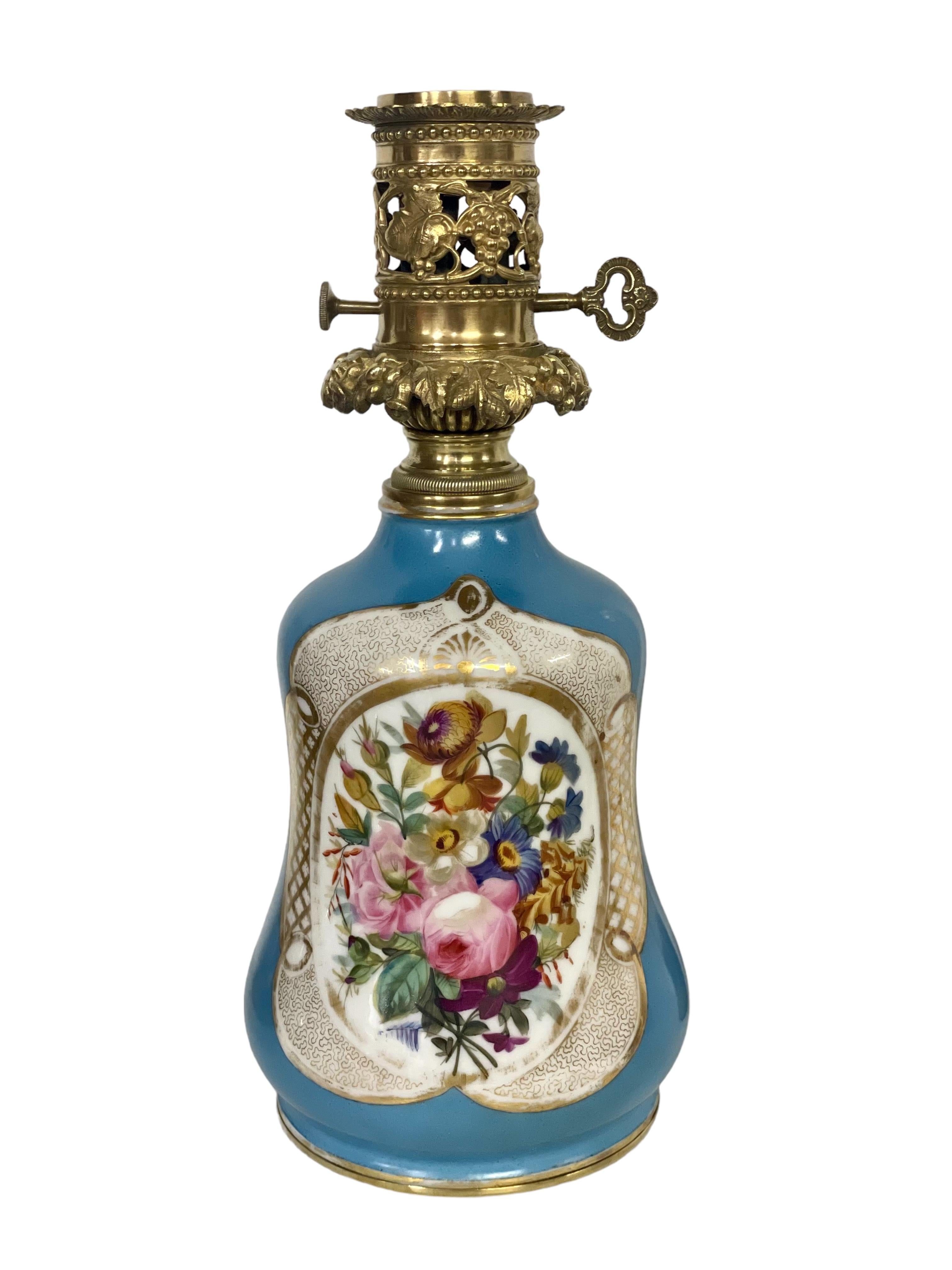 Hand-Painted Parisian Porcelain Oil Lamp with Glass Chimney For Sale