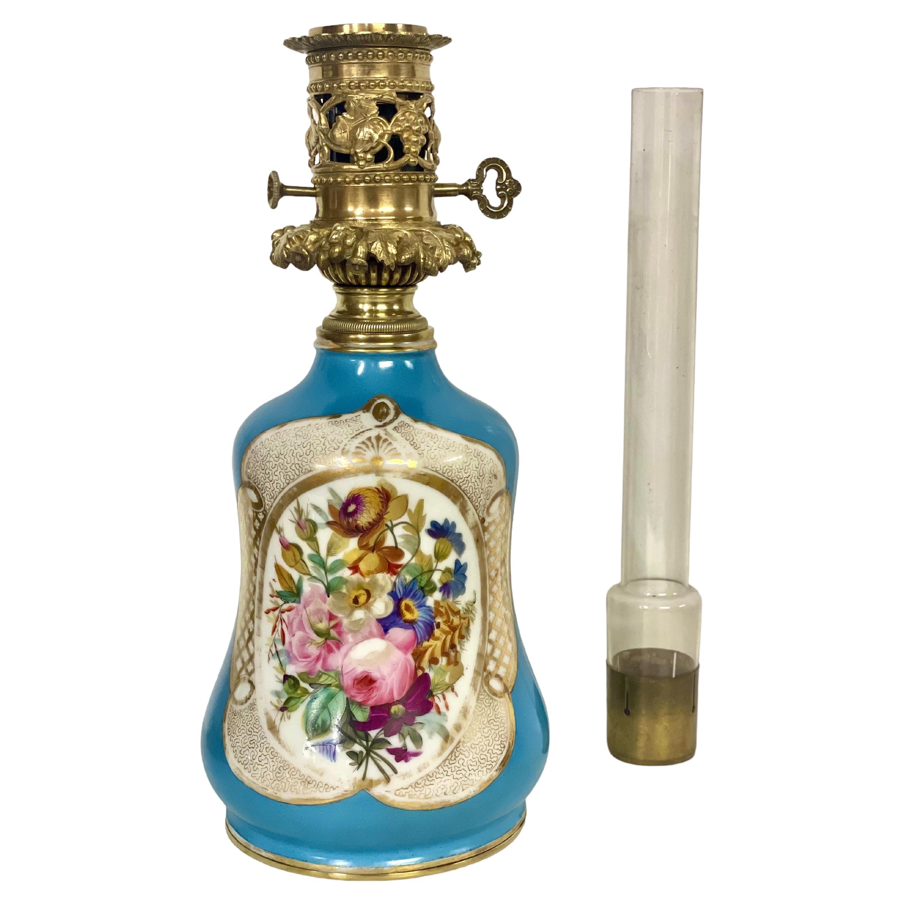 Parisian Porcelain Oil Lamp with Glass Chimney