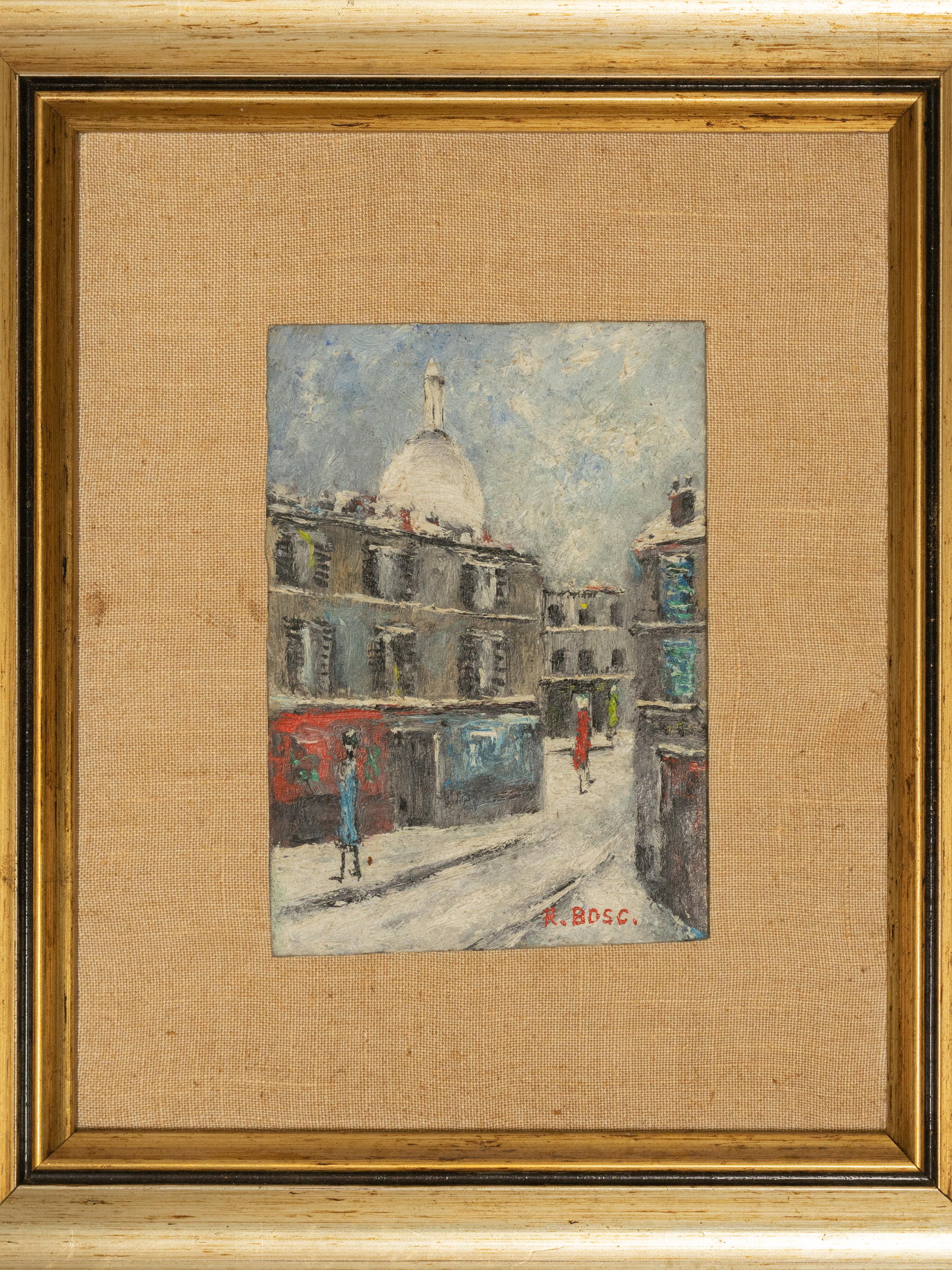 This 20th-century Post-Impressionist painting by R. Bosc depicts a Parisian street scene in Montmartre, with the white dome of the Sacré-Cœur Basilica visible in the distance. 
The composition, rendered in oil on wood, captures the somber yet