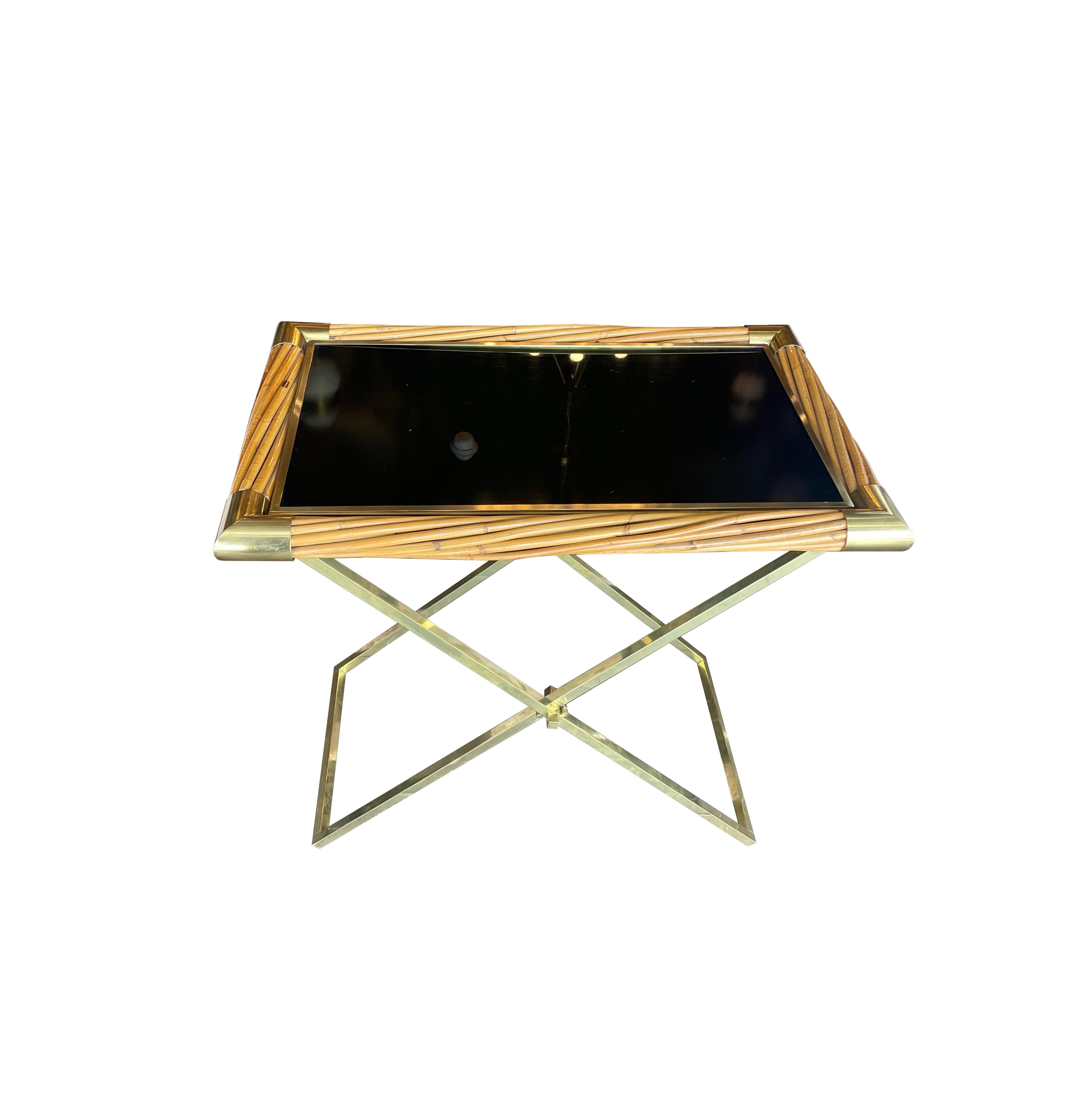 Art Deco Parisian Rattan and Glass Folding Table For Sale