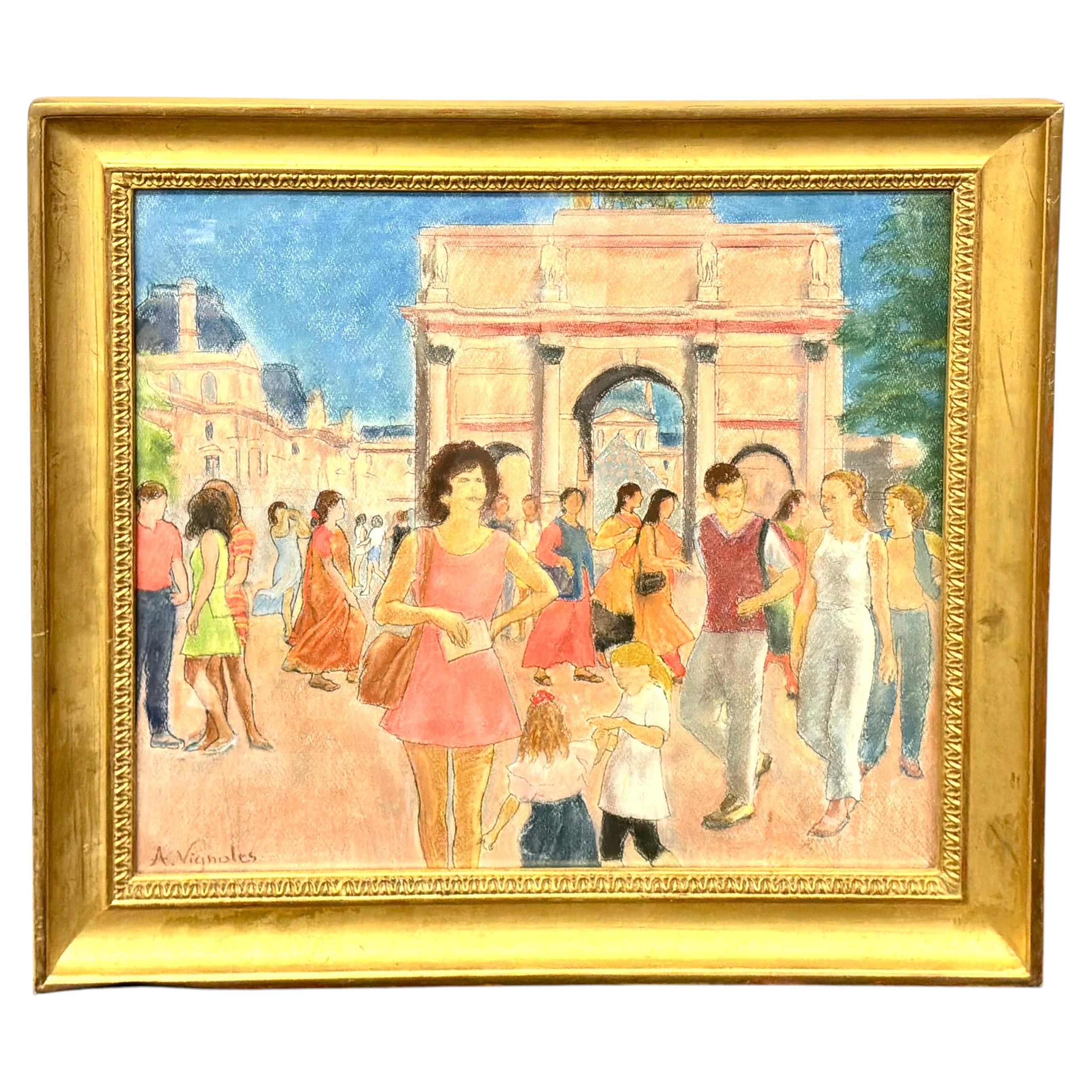 Parisian Street Pastel Painting “Arc De Triomphe, Paris” by Andrè Vignoles For Sale