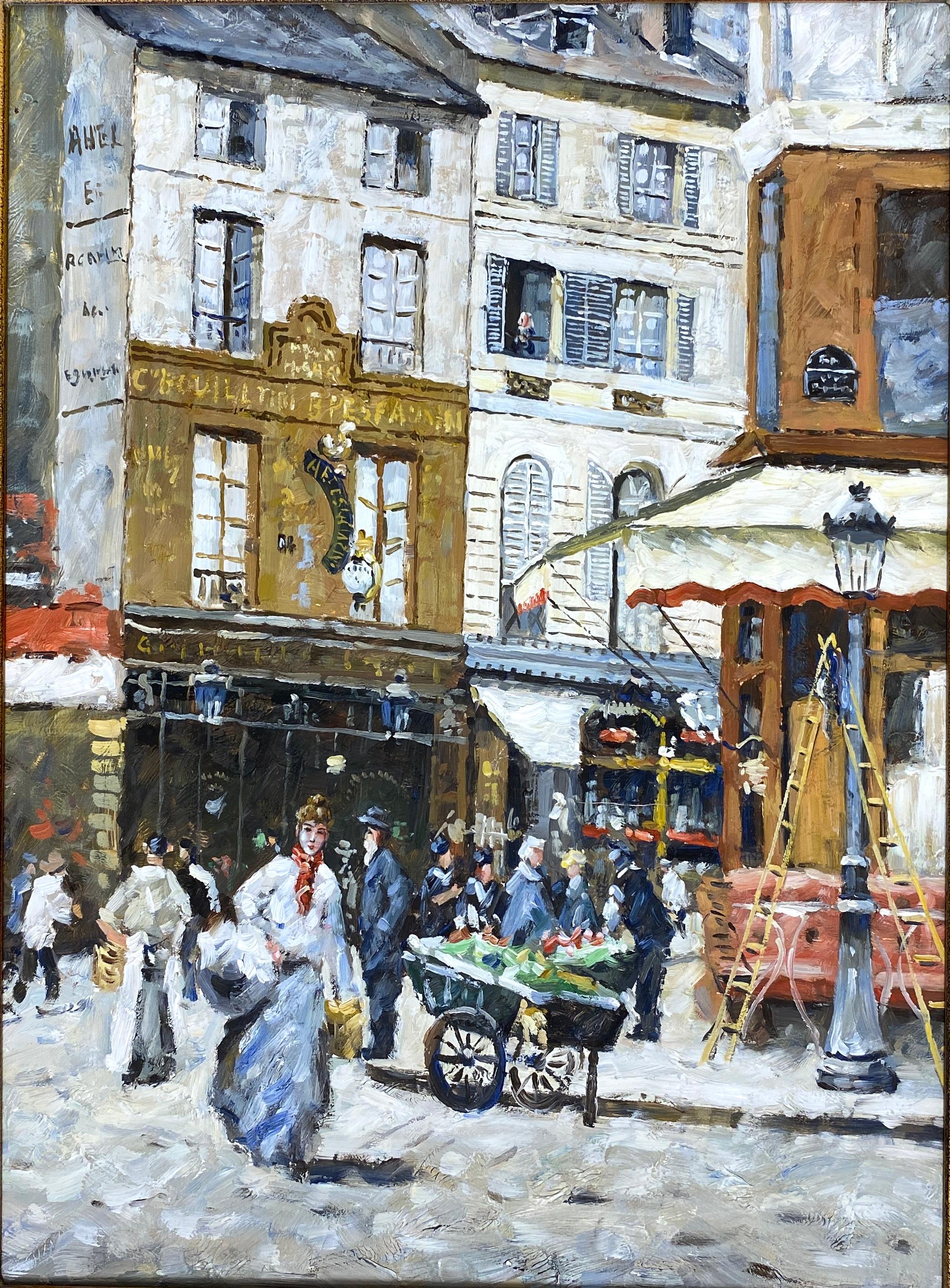 Óleo Impresionista con Figuras en un Pueblo de París

En esta obra, el artista representa su tema de forma abstracta e impresionista, plasmando con vibrante vida los cafés y una ajetreada escena callejera de principios del siglo XX. El artista