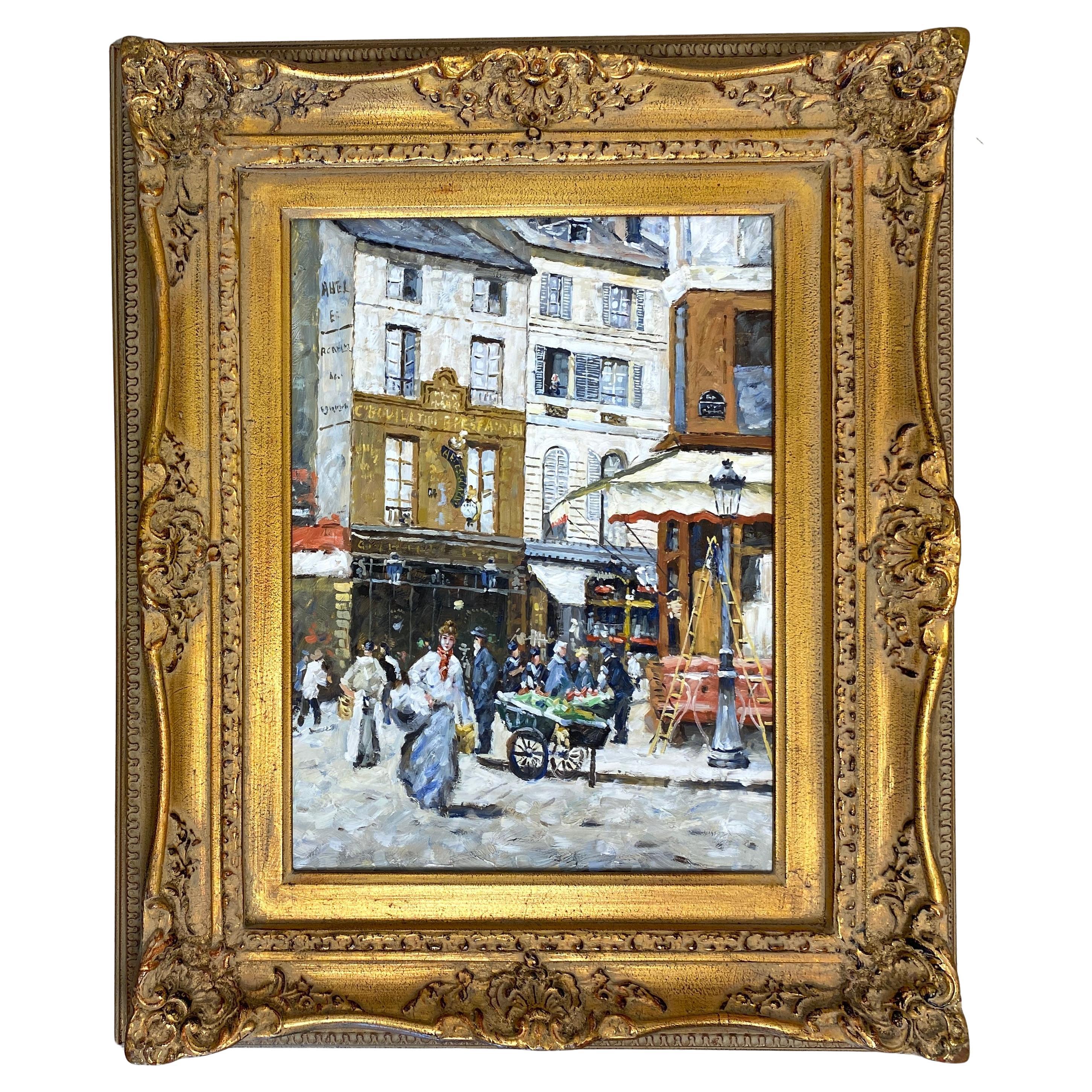 "Escena Callejera Parisina" Pintura al Óleo Impresionista Francesa de París con Figuras en venta