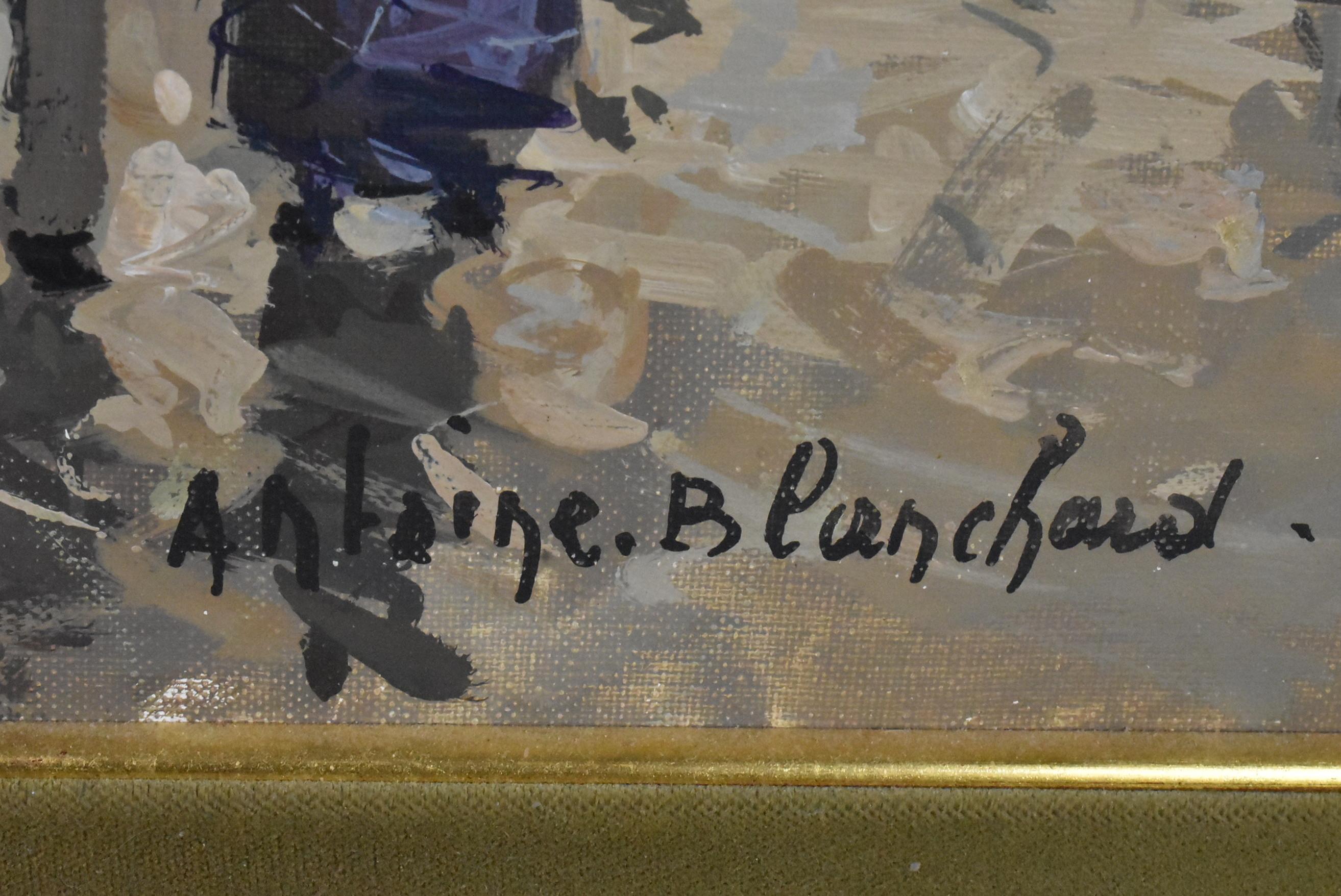 Óleo impresionista sobre lienzo del artista francés Antoine Blanchard 1910-1988. Escena callejera La Madeleine Boulevard París Francia. Gran movimiento y juego de colores. Firmado abajo a la derecha. Tamaño de la imagen 35,5