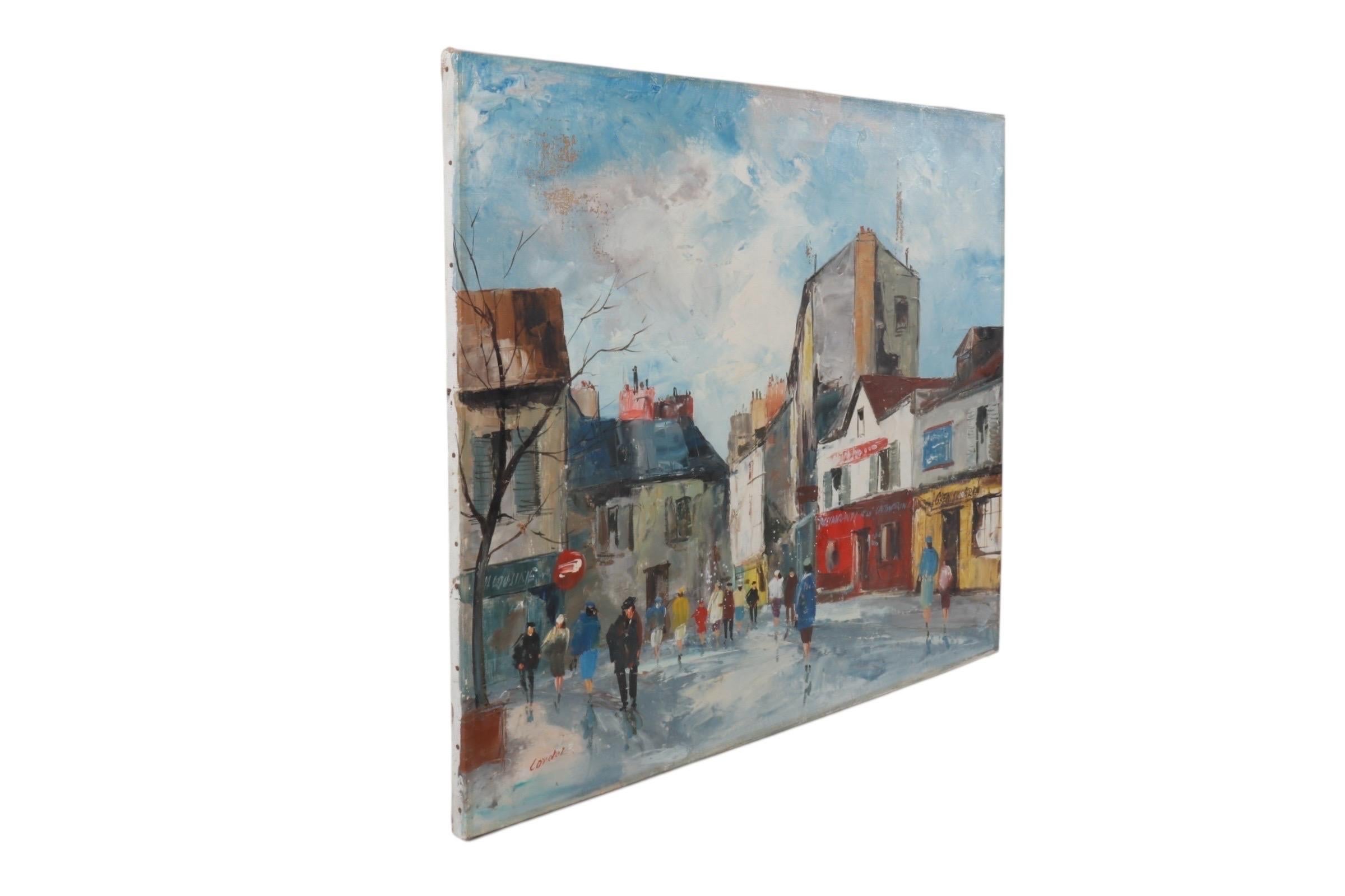 Ein originales ungerahmtes impressionistisches Öl auf Leinwand, signiert Cordet, um 1960. Die traditionelle europäische Straßenszene zeigt den Place Du Tertre in Montmartre, Paris. An einem klaren Wintertag schlendern Figuren in bunten Mänteln und