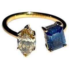 Parisian Toi et Moi Blue Sapphire and Brown Diamond Ring with 18K Yellow Gold