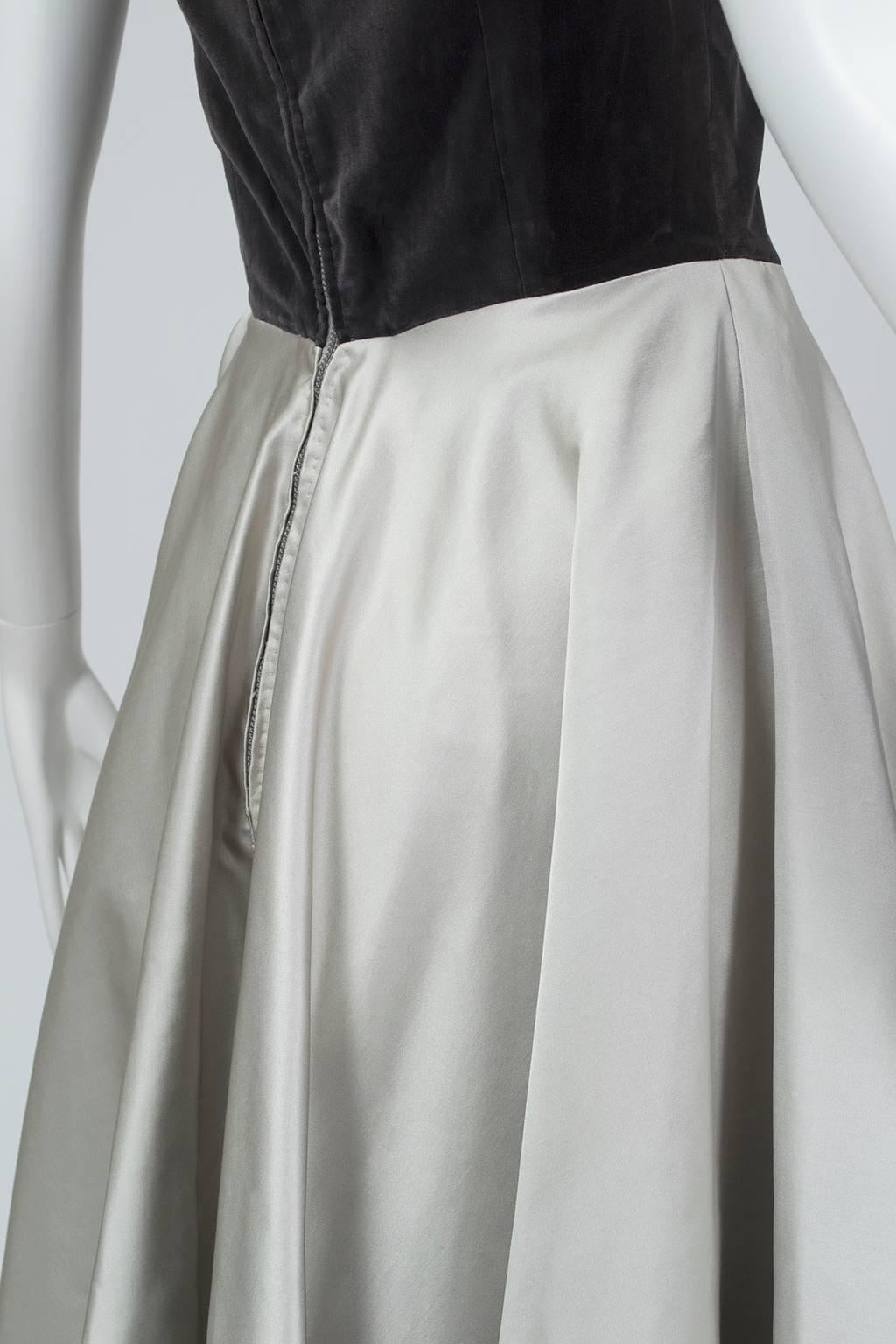 Bespoke Silver and Gray Duchess Satin Strapless Ball Gown, Paris - Medium, 1950s 3