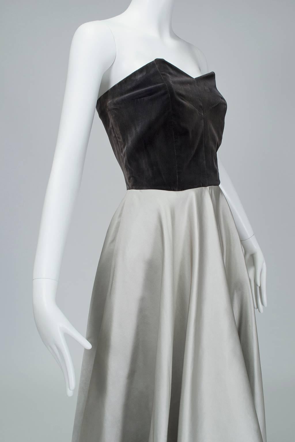 Bespoke Silver and Gray Duchess Satin Strapless Ball Gown, Paris - Medium, 1950s In Good Condition In Tucson, AZ