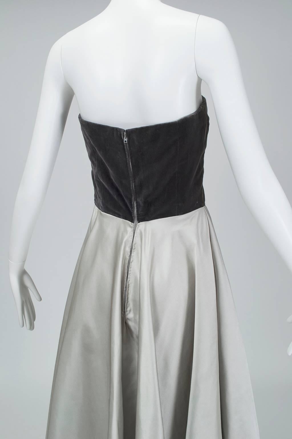 Women's Bespoke Silver and Gray Duchess Satin Strapless Ball Gown, Paris - Medium, 1950s