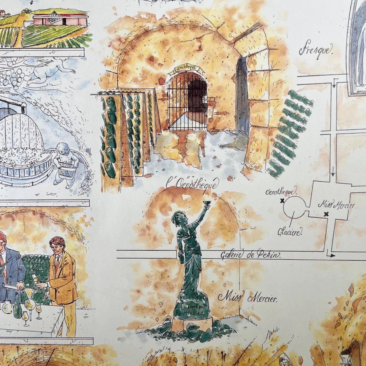 'La Formidable Histoire der Caves Mercier',  'The great story of Caves Mercier in Champagne'. A whimsical and truly Parisienne styled paper hand drawing, showcasing  the history of Mercier, in the Champagne region, in story book type fine drawings.