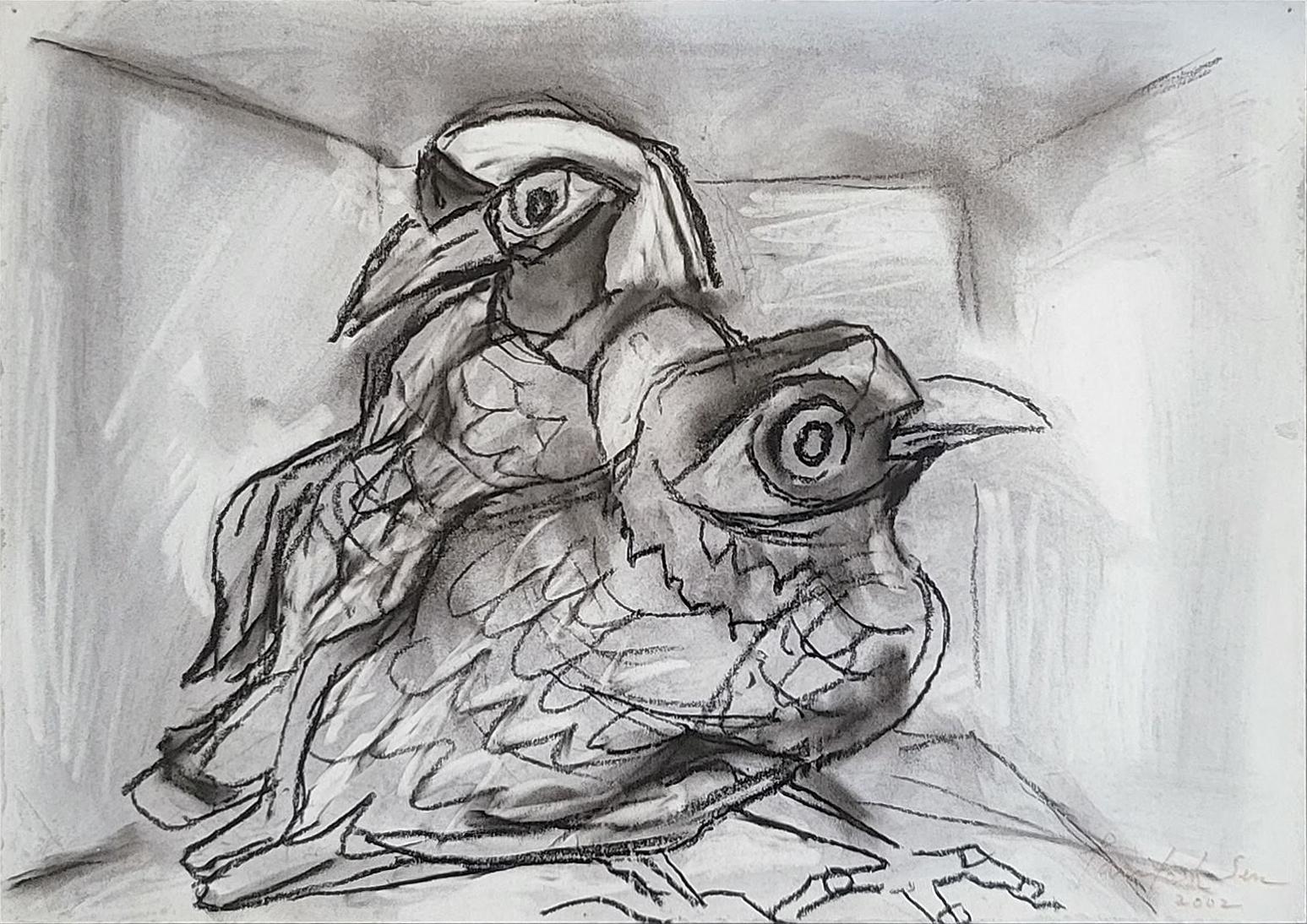 Birds, Mixed Media on Paper, Black Color by Artist Paritosh Sen "In Stock"