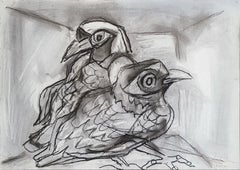 Vogelgemälde, Mischtechnik auf Papier, schwarze Farbe des Künstlers Paritosh Sen „Auf Lager“