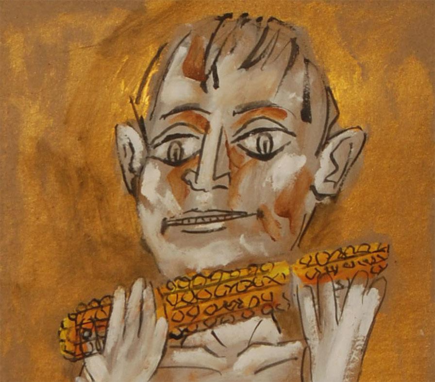 Ragazzo che mangia il mais, grande opera in acrilico dell'allievo di Picasso, Paritosh Sen in vendita 2
